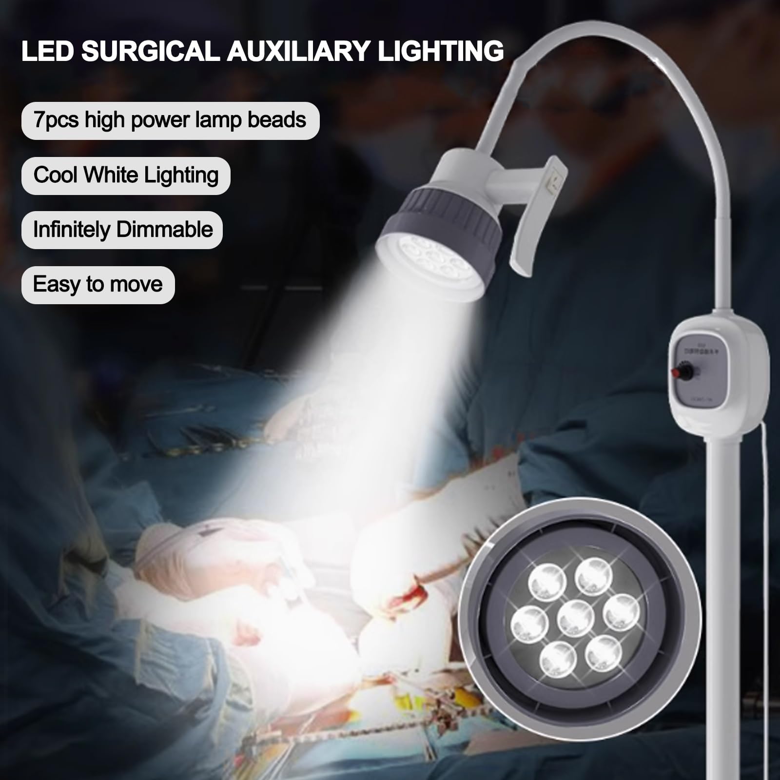 Lampa do badań chirurgicznych LED, pomocnicza lampa operacyjna stojąca, 7 szt. koraliki lampy o dużej mocy, oświetlenie zimne światło mobilna lampa do badań dentystycznych, do laryngologii,