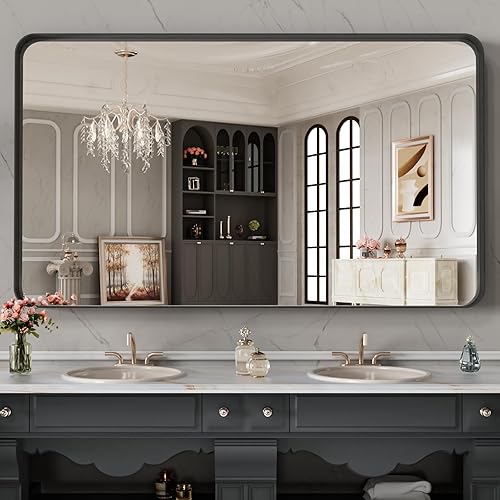 Miniatura 299 de LOAAO - Espejo de tocador para baño con marco de metal negro mate de 24 x 32 pulgadas para pared, rústico, rectangular, grande, redondeado