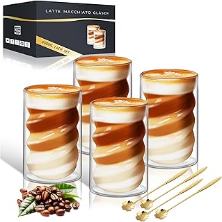 KEHTUNAHT Latte Macchiato Gläser Doppelwandige 400ml 4er Set KaffeegläSer Doppelwandige mit 4 Löffeln Spiralförmig Cappuccino Gläser Eiskaffee Tassen Thermogläser