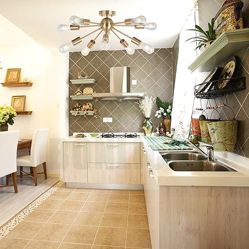 Miniatura 4 de Moderno Sputnik - Lámpara de araña de 10 luces de latón cepillado semiempotrada, lámpara de techo dorada de mediados de siglo BONLICHT