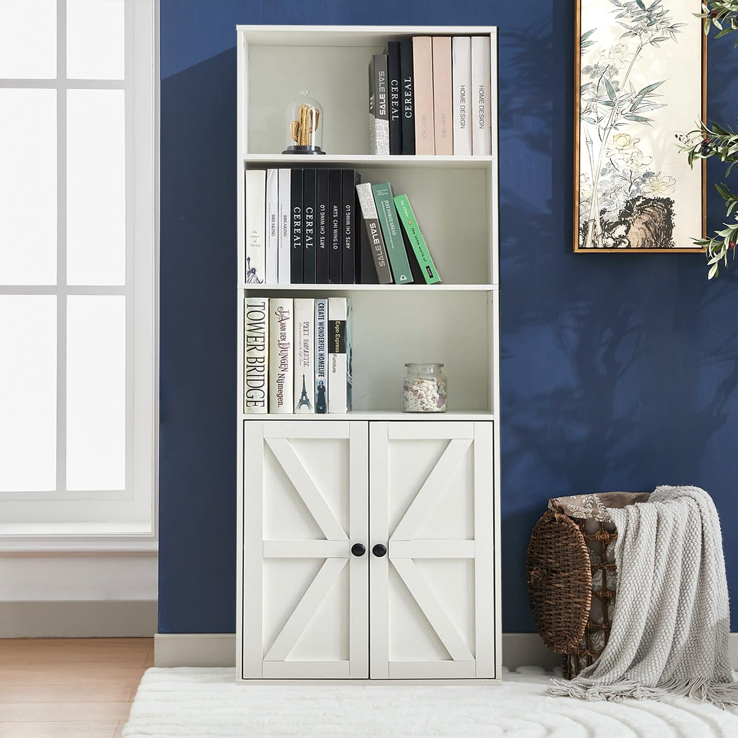 Hanamako Bookshelves and Bookcases with Barn Doors, Farmhouse Bookshelf with Display Shelves, Floor Standing 5-Tier Book Shelf with Storage Cabinet