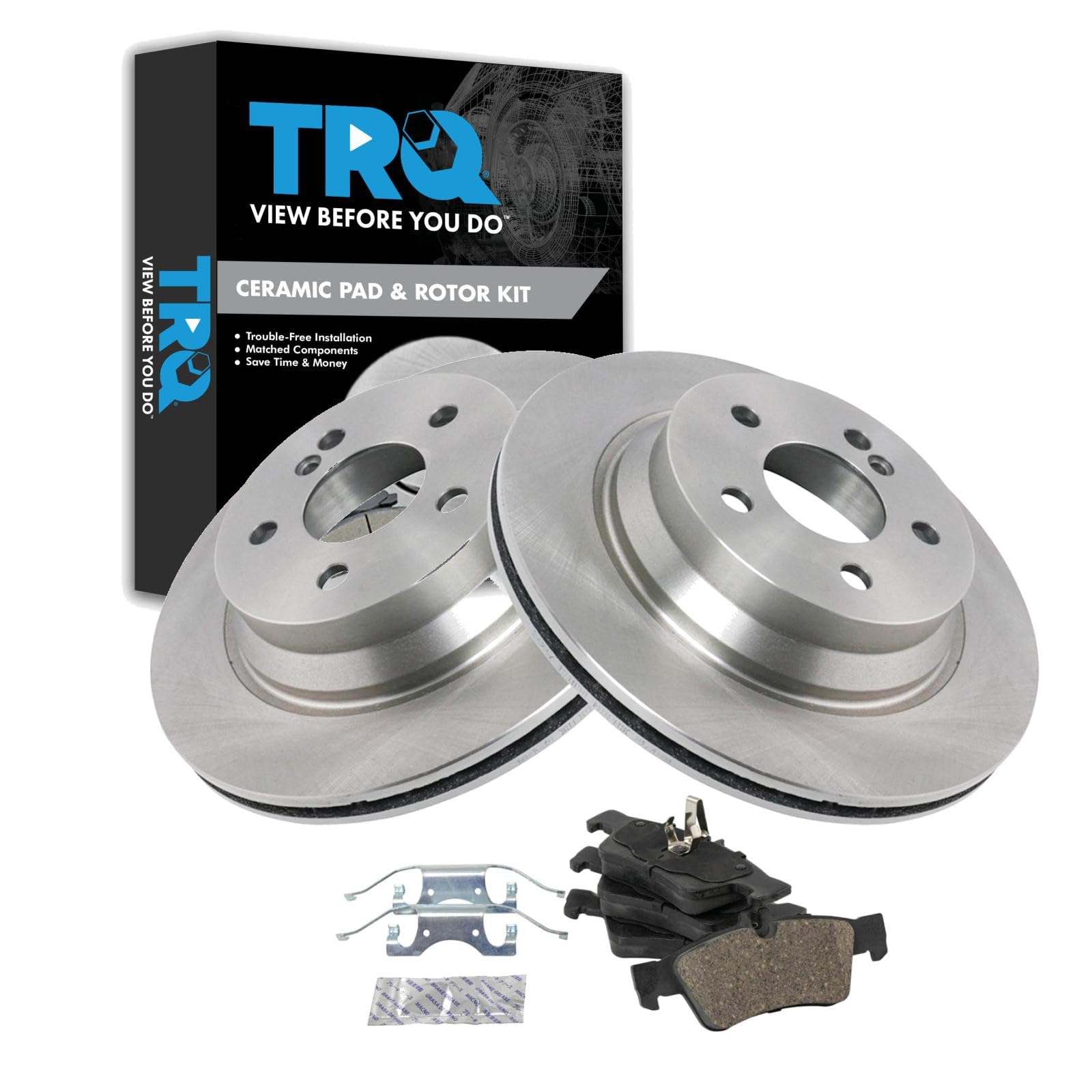 TRQ Rear Brake Pad and Rotor Set Ceramic Vented Rotors Compatible with 2003-2005 E320 2003-2006 E500 2006 CLS500 2006-2016 E350 2007-2009 E550 2007-2011 CLS550 2013-2016 E400 2015-2016 CLS400