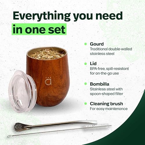 Vista 17 de Kalmateh Yerba Mate - Juego de calabaza tradicional y moderna, incluye popote de filtro Bombilla y cepillo de limpieza, acero inoxidable de doble
