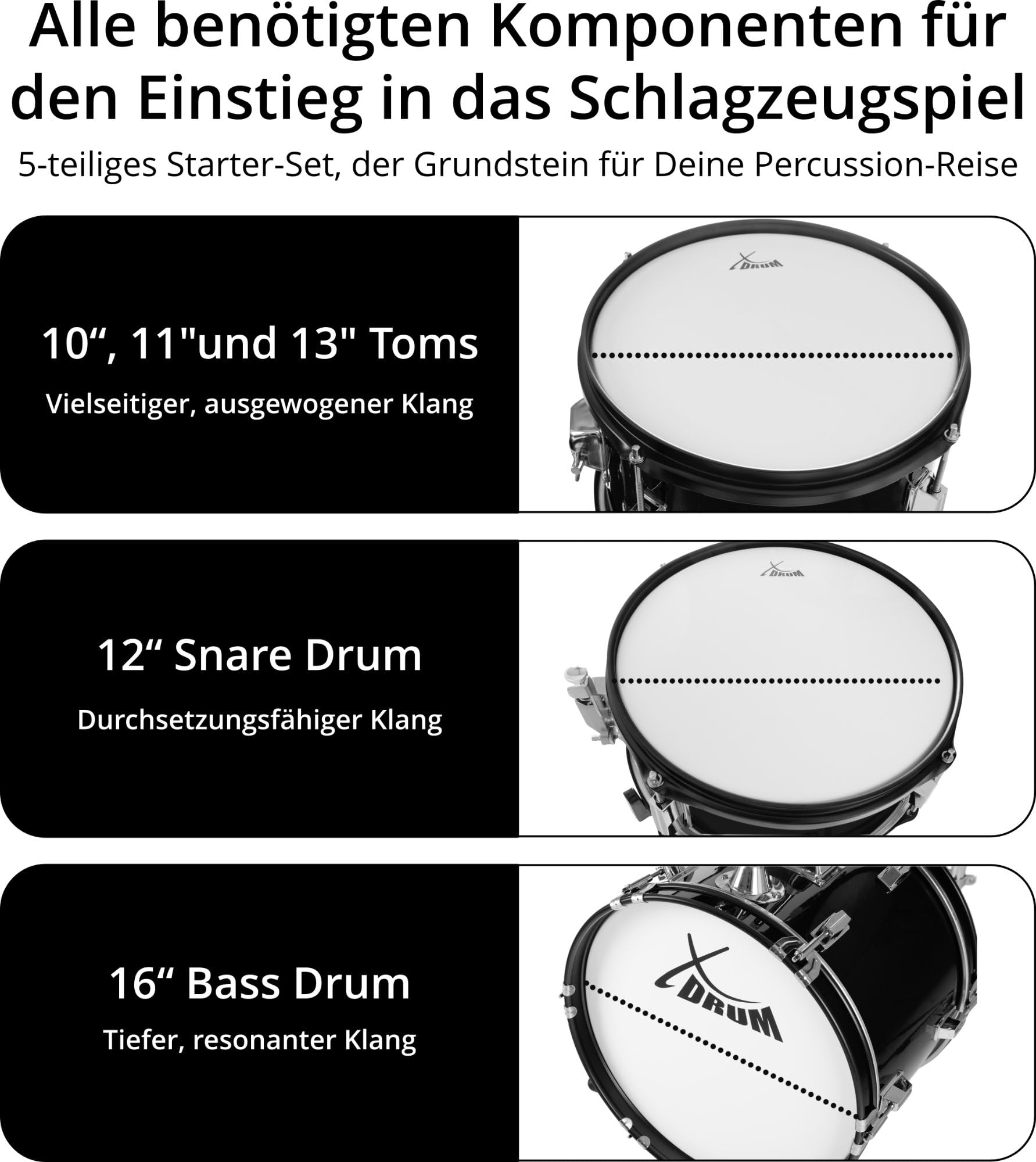 XDrum Junior Pro Kinder Schlagzeug Black - geeignet von 5-9 Jahren - Drumset mit komplettem Zubehör - inkl. Schule - Schwarz