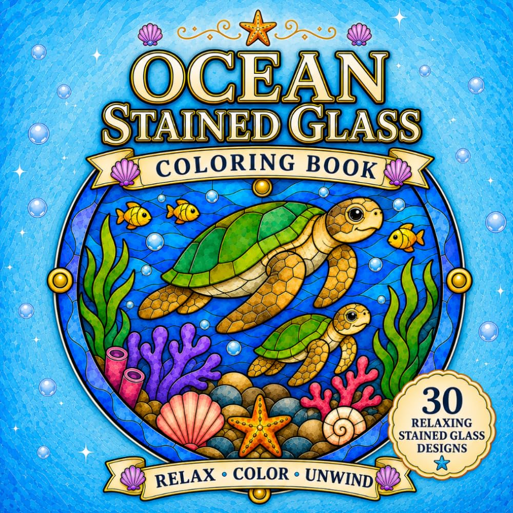Ocean Stained Glass Coloring Book: 30 Relaxing Bold and Easy Ocean Animal Designs for Adults and Teens