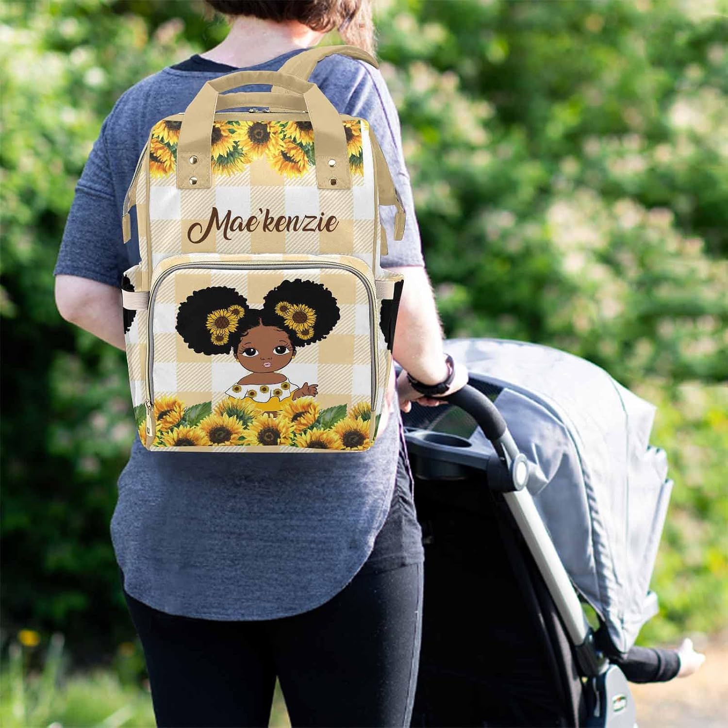 Personalized Name Diaper Bag for Women, Customized Sunflowers Casual Nursing Mommy Daypack, Yellow Checks Nursing Backpack with Large Capacity