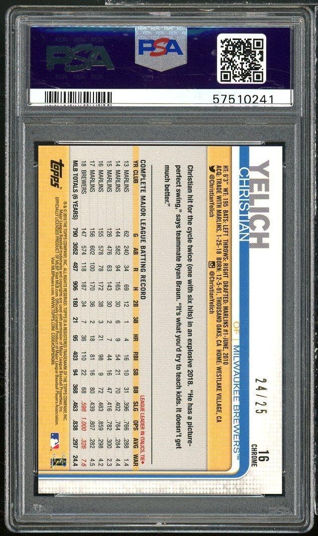 Christian Yelich Card 2019 Topps Chrome Orange Wave Refractor #16 PSA 9 - Slabbed Baseball Cards