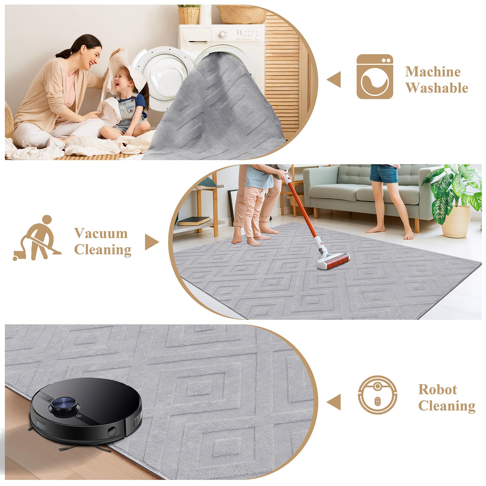 SHACOS Tappeto Camera da Letto Grigio Chiaro, Morbido Tappeti Salotto Moderni Grande 160 x 230 cm, Antiscivolo Tappeto Lavabile in Lavatrice per Cameretta, Cucina, Geometrico Minimalista Rombo 3D