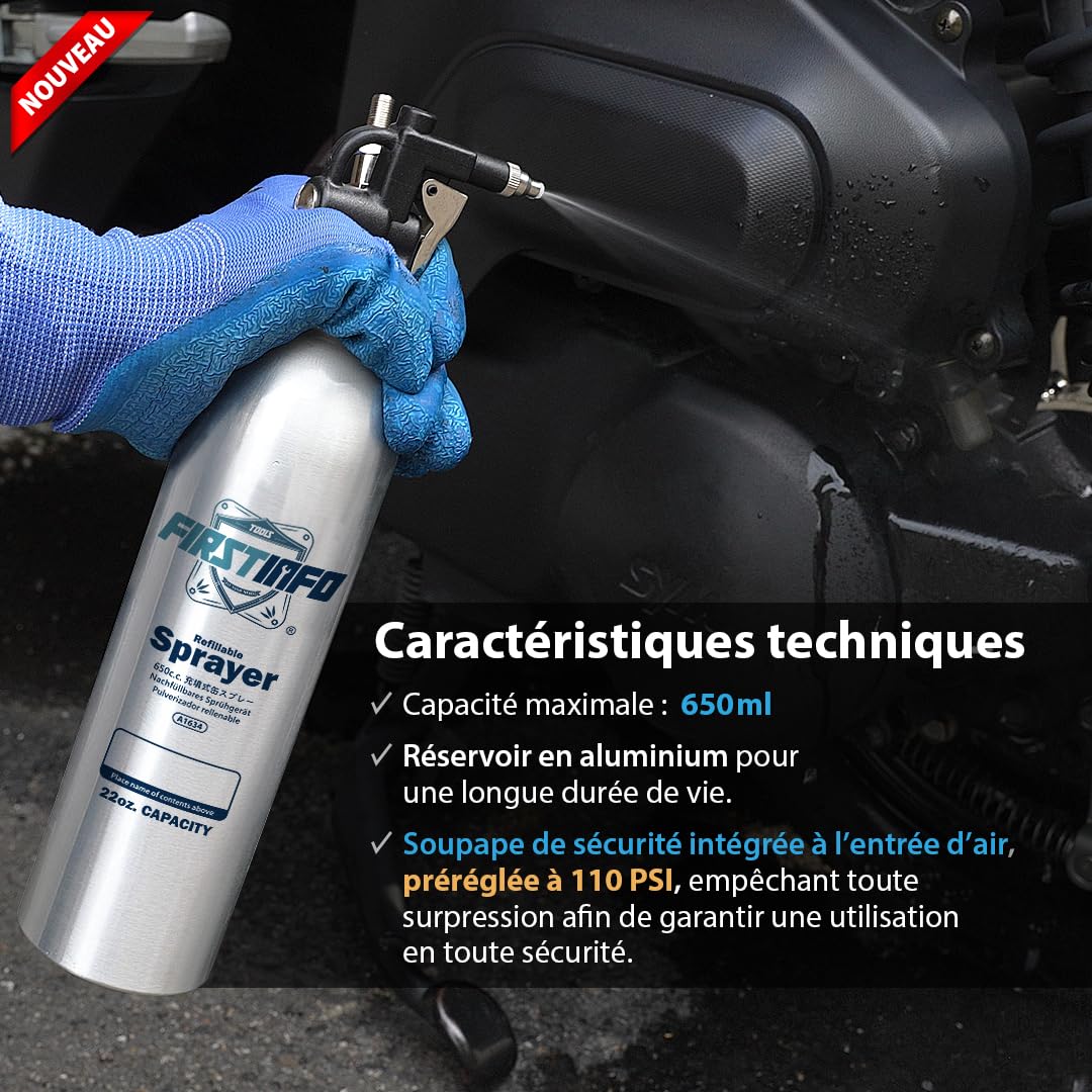 FIRSTINFO Pulvérisateur Aluminium 110 PSI Buse Brume 650 ml A1634
