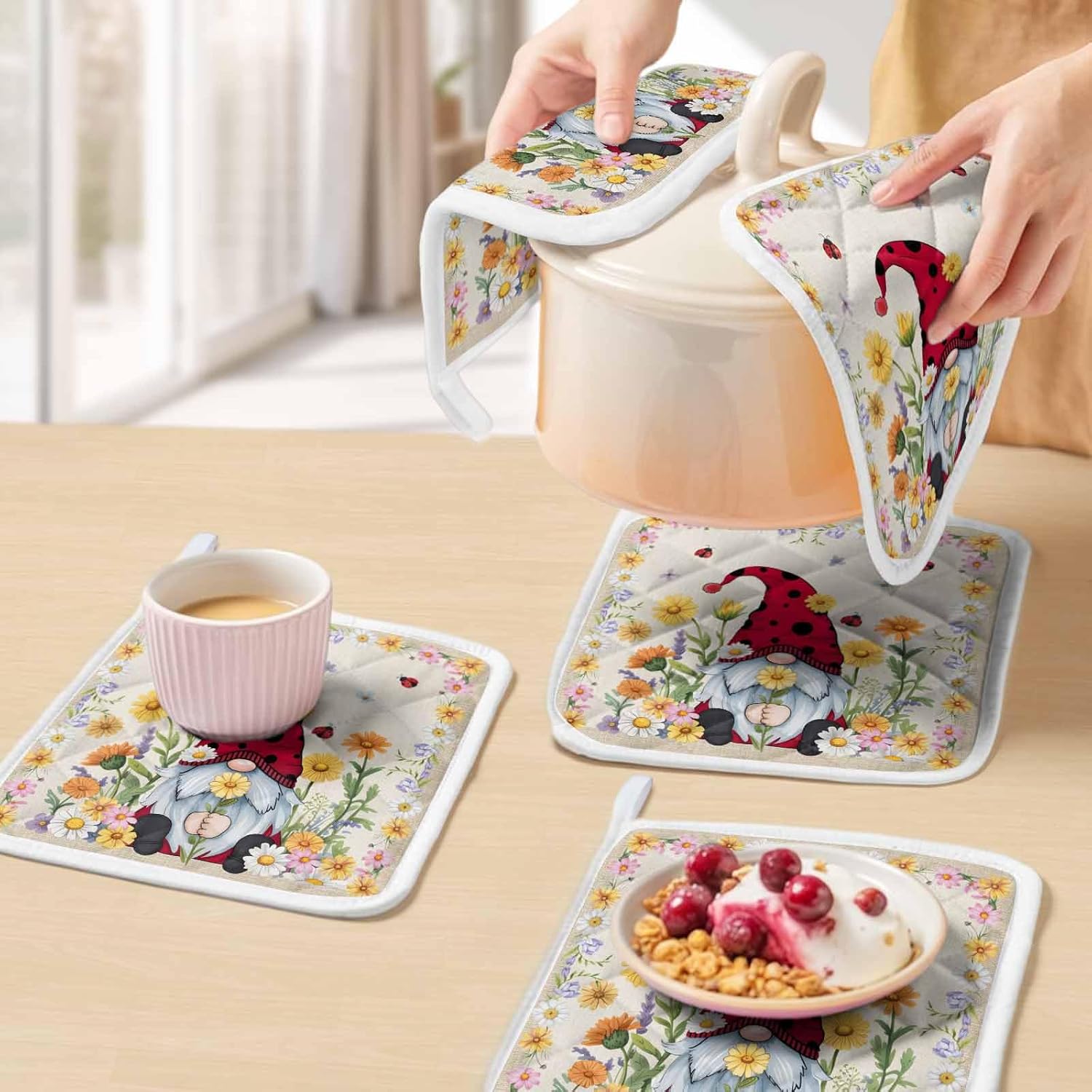 4 Pack Pot Holders for Kitchen,Spring Idyllic Gnome Yellow Daisy Flower Red Ladybug Heat Proof Potholder Hot Pads Trivet,Elf Country Floral Plant Washable Coaster Potholders for Cooking Baking