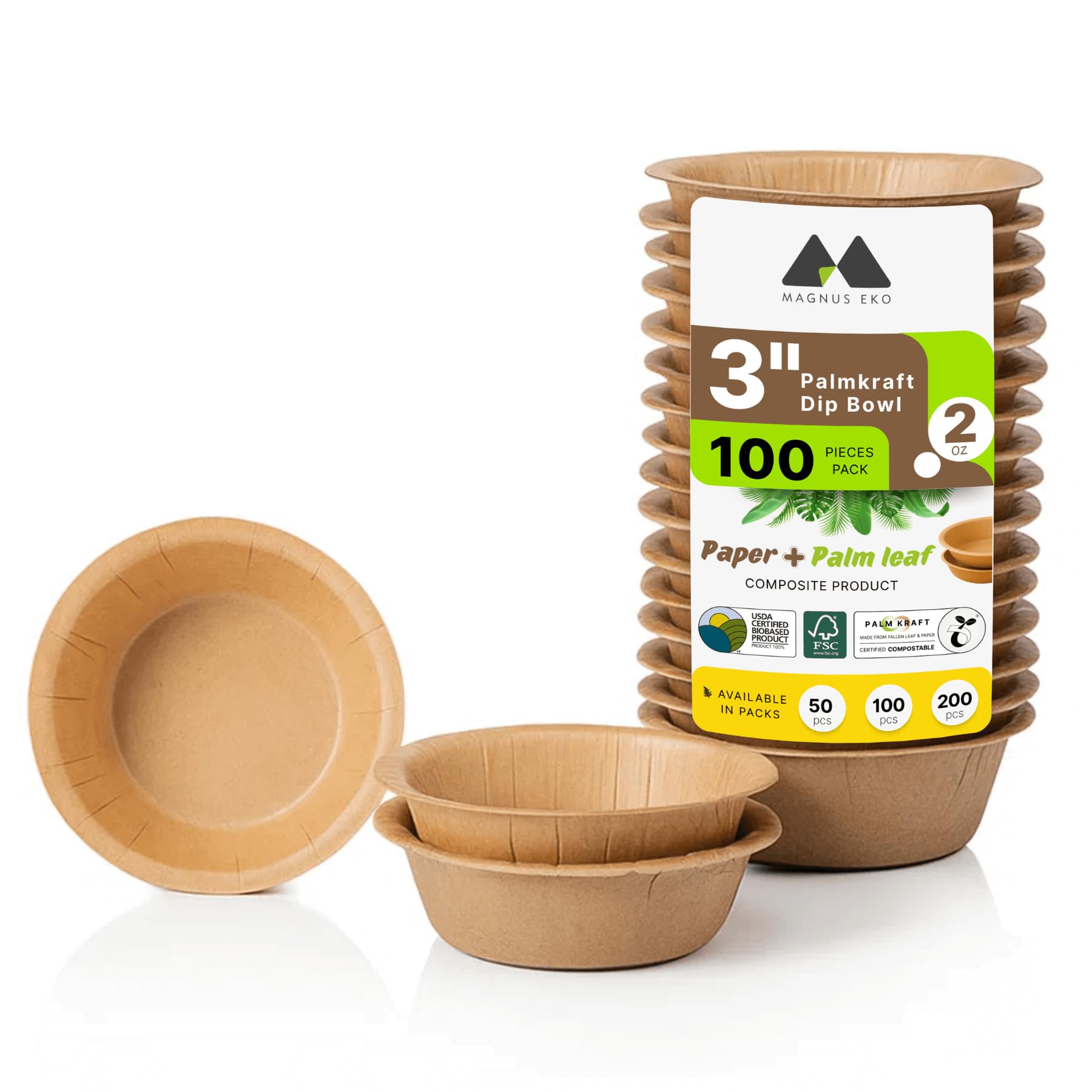 Palmkraft | 3-Inch Round Mini Dip Bowls (100 Pcs), 2 oz Disposable Party Dip Bowls, Compostable, Eco-Friendly, Like Bamboo, for Dips, Soy Sauce, BBQ, Oil Dipping, Finger Foods