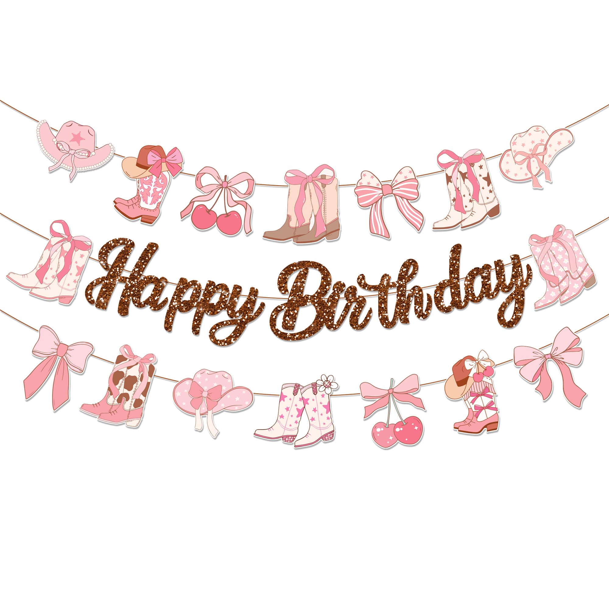 CC HOME 3Pcs Pink Western Cowboy Happy Birthday Banner Cherry Bow Boots Party Hanging Banner Cowboy Theme Birthday Bridal Wedding Baby Shower Boys Girls Kids Home Classroom Party Supplies Decoration