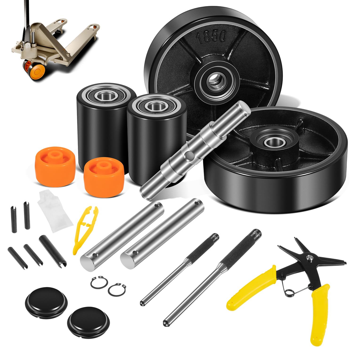 Fit for Crown PTH50 Pallet Jack/Truck Full Wheel Replacement Kit, Pair Steering Wheels 7" x 2", Pair Front Load Roller 2.76"x 3.74", with Pre-Installed Bearings, Axles, PU Tread, Pins, Entry Roller