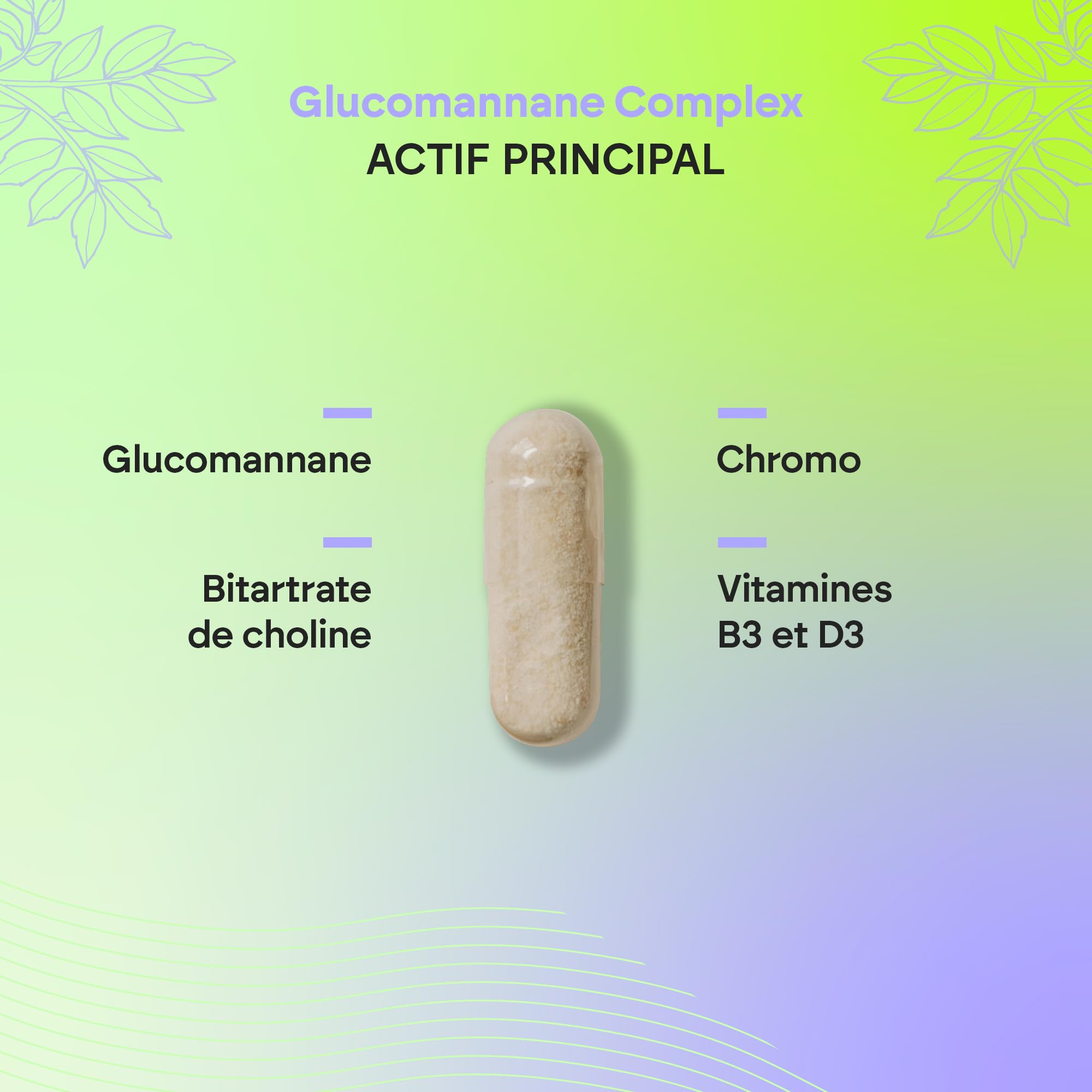 Konjac Glucomannane 3000mg Contribue à la Perte de Poids Dans Régime Hypocalorique - Bitartrate de Choline + Picolinate de Chrome Vitamines B3 D3-120 Gélules Végétales Glucomannan Complex Nutralie