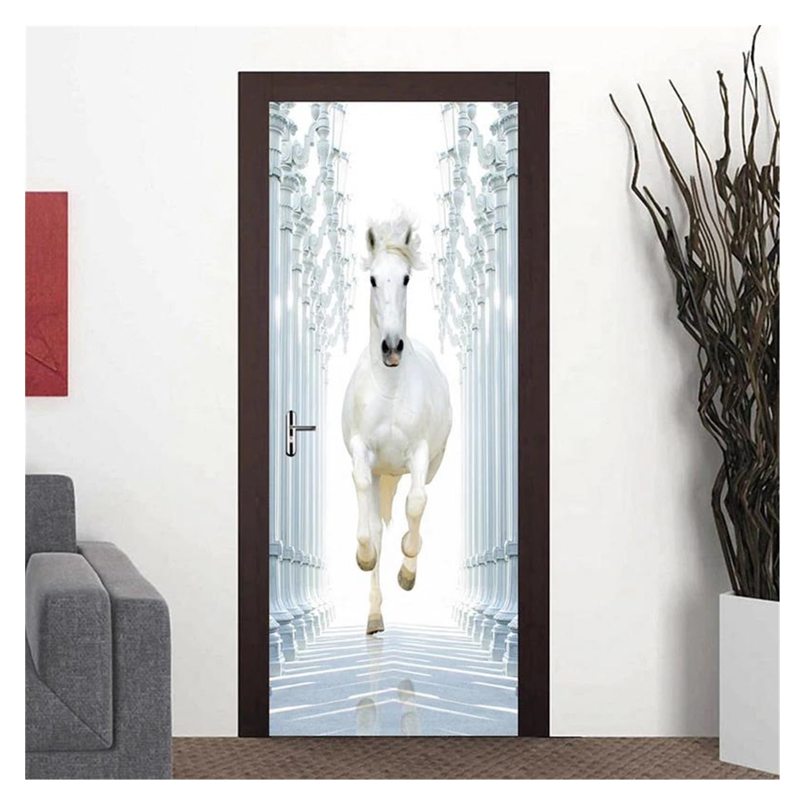 Sticker de porte cheval blanc 3D papier peint autocollant PVC 77x200cm