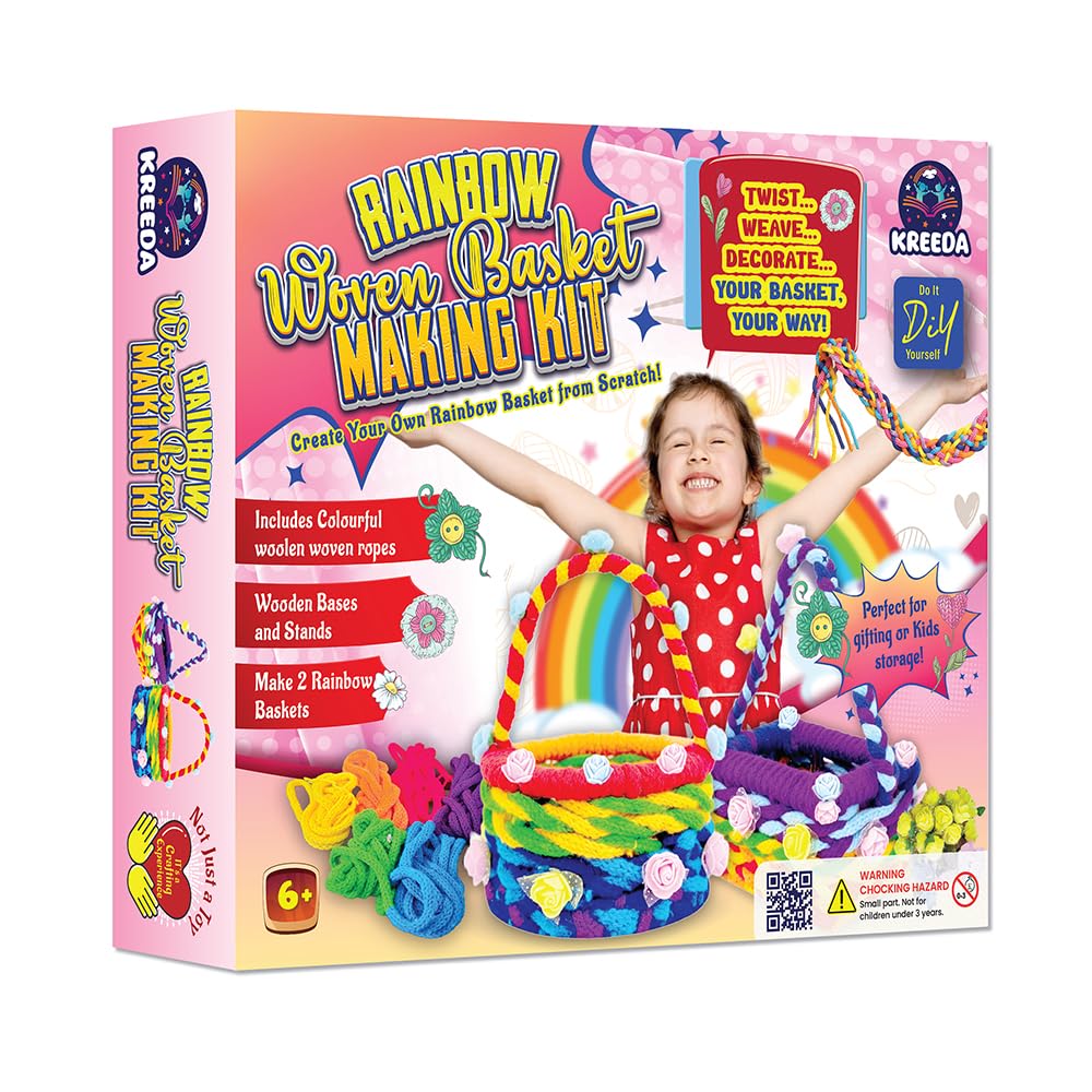 KREEDA DIY Rainbow Basket Making Kit | Do-It-Yourself Creative Activity | Circular & Rectangular DIY Wooden Basket Frames | Gifts for Girls & Boys Ages 6, 7, 8, 9, 10, 11, 12