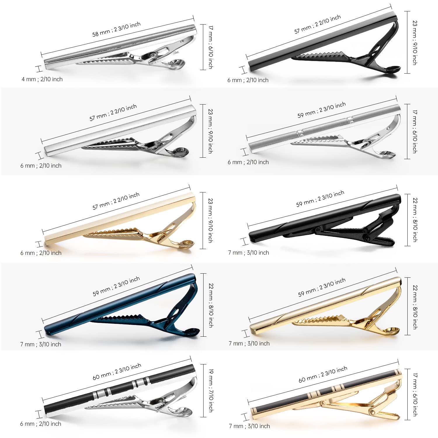 wynameleri Krawattennadeln für Herren, silberfarben, schwarz, 3 Stück, 10 Stück, kurze Krawattenklammer-Set 5,8 cm, 6,1 cm, Business-Hemd, Krawatte, Prise für Herren
