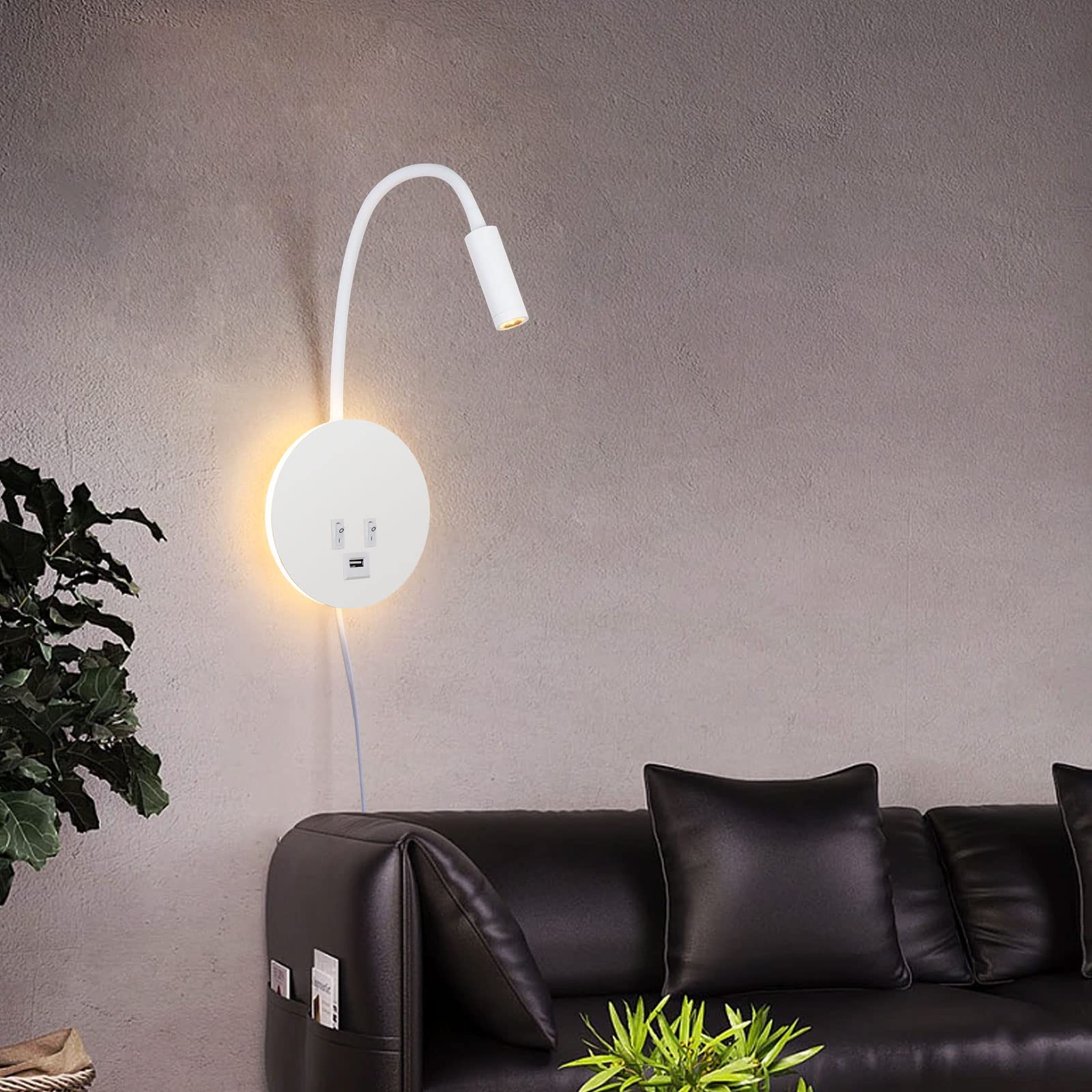 ERWEY Lampada da lettura letto, lampada da lettura a parete 3000K (3W+8W) Lampada da letto con interruttore e ricarica USB, collo d'oca girevole a 360° con spina e cavo per camera da letto, Bianco