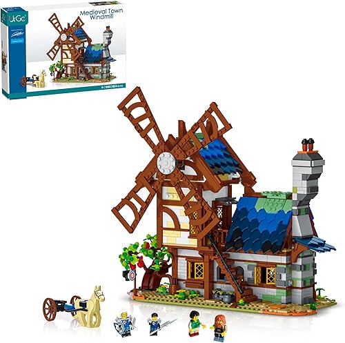 Juego de construcción de casa de molino de viento medieval, kit de modelo con 2 estantes de techo extraíble para adolescentes y niños, casa de