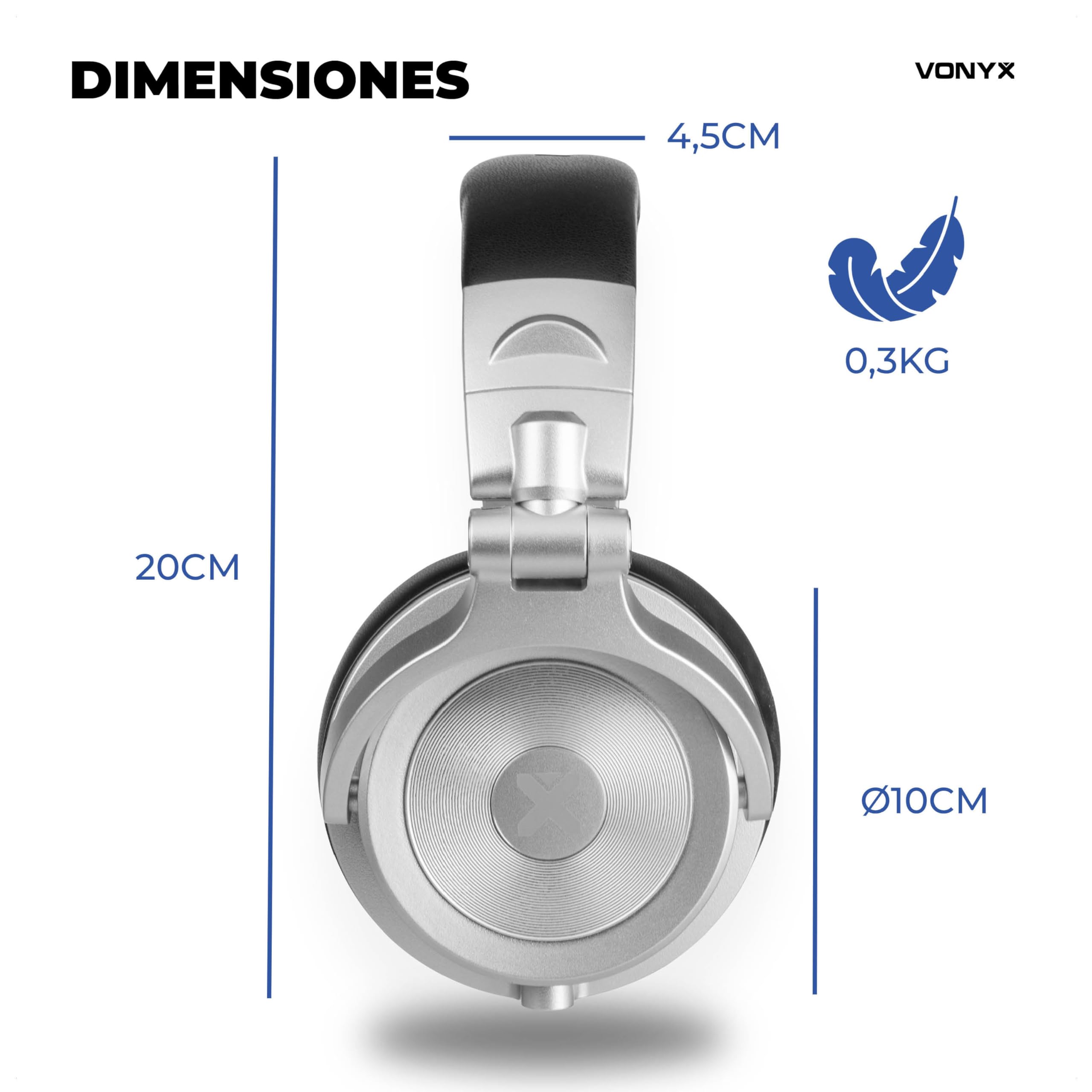 Vonyx HDX200SL – Auriculares DJ Premium con Drivers 50 mm, Jack 3,5 y 6,3 mm, Cable Reversible, diseño Plegable y Bolsa Transporte para música y Estudio Profesional, Color Aluminio
