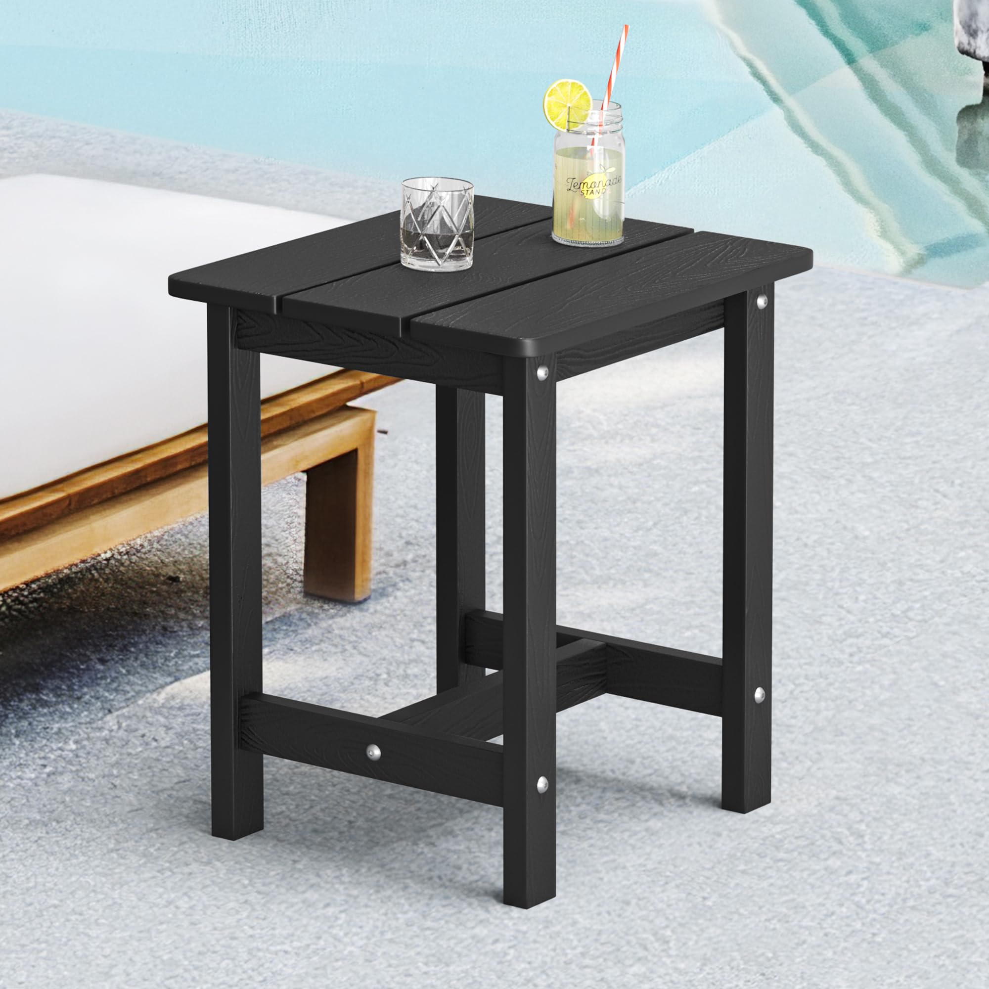 LUE BONA Beistelltisch Outdoor Wetterfest,Beistelltisch Garten Balkon aus HDPS,Robuster Abstelltisch mit Holzoptik,Kleiner Couchtisch für Garten,Terrasse Camping,31 x 41 x 43 cm,Schwarz