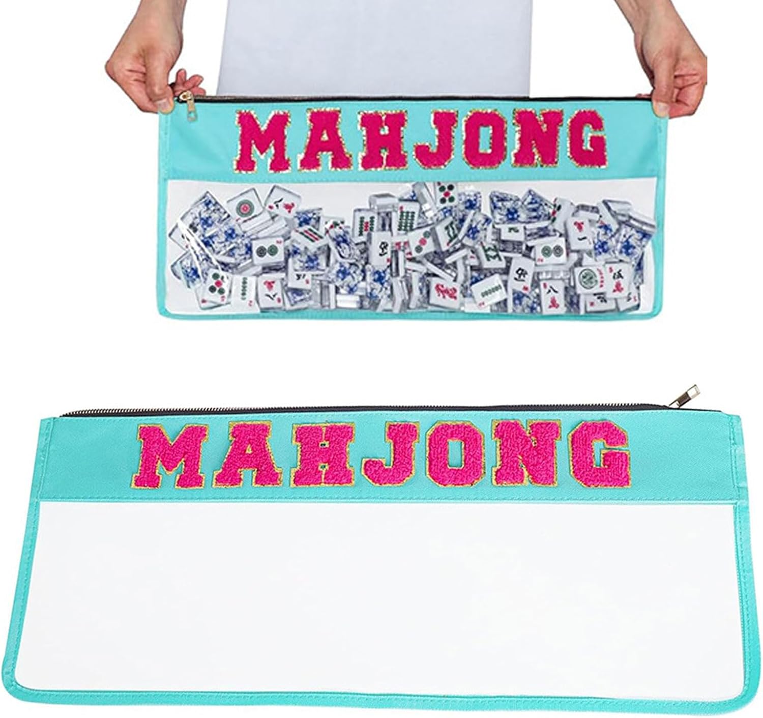 WREWING Empty Mahjong Tile Bag, Clear Mahjong Case for American Mah jong Set, Letters Mahjongs Bags with Zippered, 20.67 x 9.65 Inches, Case Only, Gift for Mah Jong Lover (Blue)
