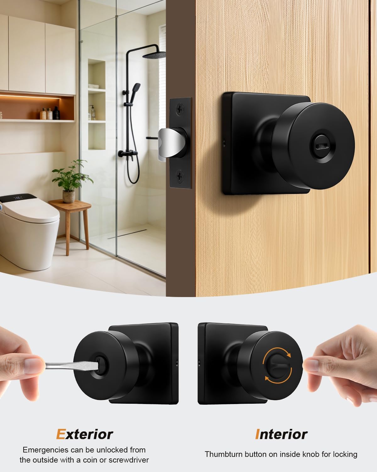 Probrico Privacy Keyless Door Knobs Interior 4 Pack, Modern Door Locks for Bedroom/Bathroom Inside, Classic Black Doorknobs Without Keys