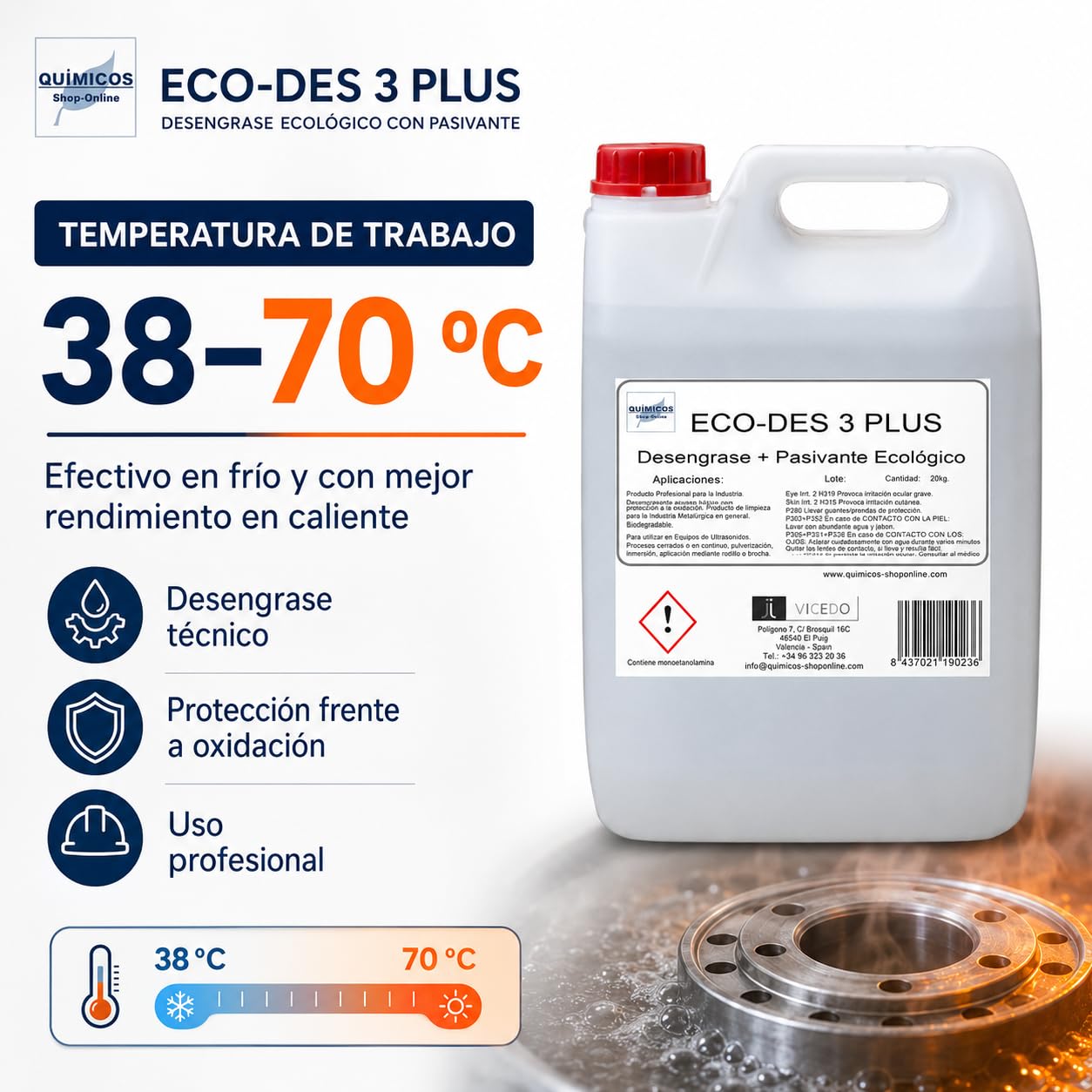 ECO-DES 3 PLUS 20 L, Desengrasante Ecológico con Pasivante para Piezas Metálicas, Uso Directo, Protección frente a la Oxidación, Ultrasonidos e Inmersión.