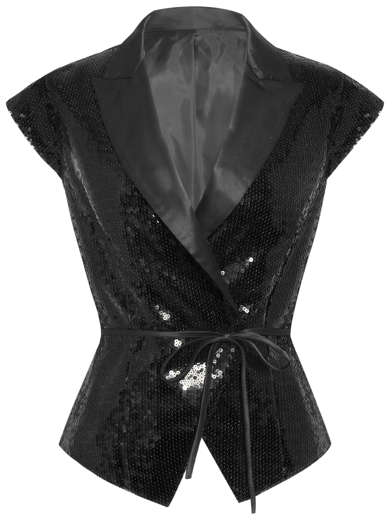 Womens Sequin Waistcoat Top Cap Sleeve Glitter Blazer Lapel V Neck Asymmetrical Hem Suit Vest