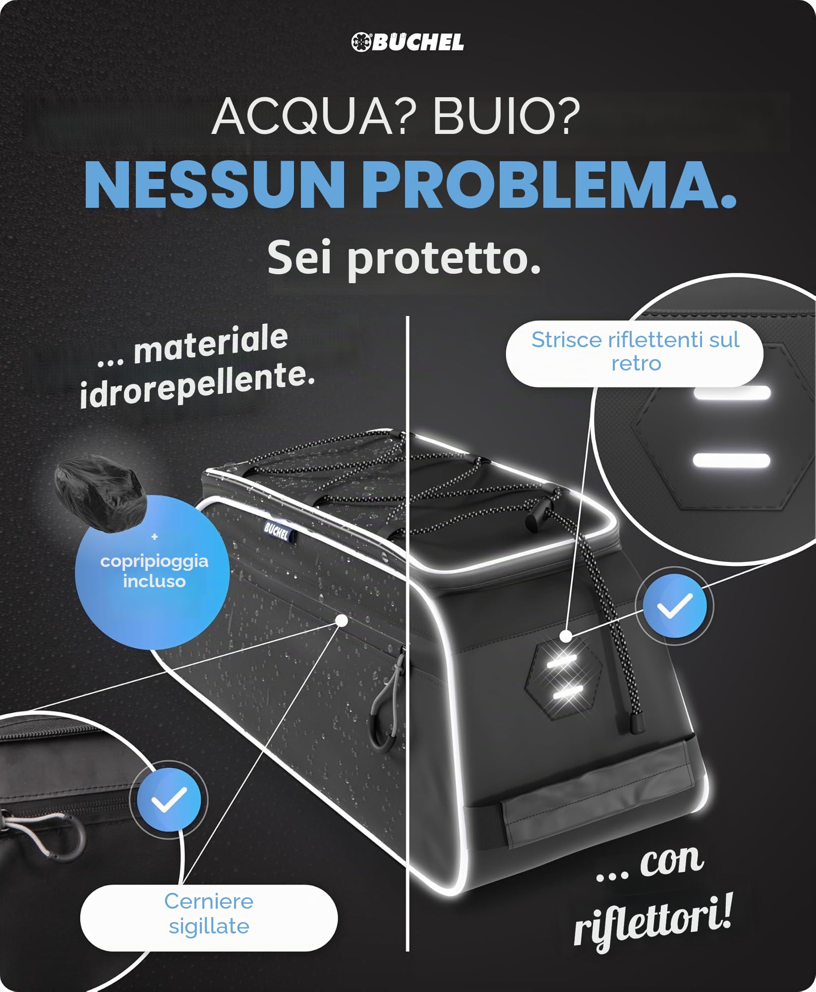 Büchel Borsa da bicicletta per portapacchi, impermeabile e riflettente, con copertura antipioggia, borsa per portapacchi compatta con vano portaoggetti per bici elettriche