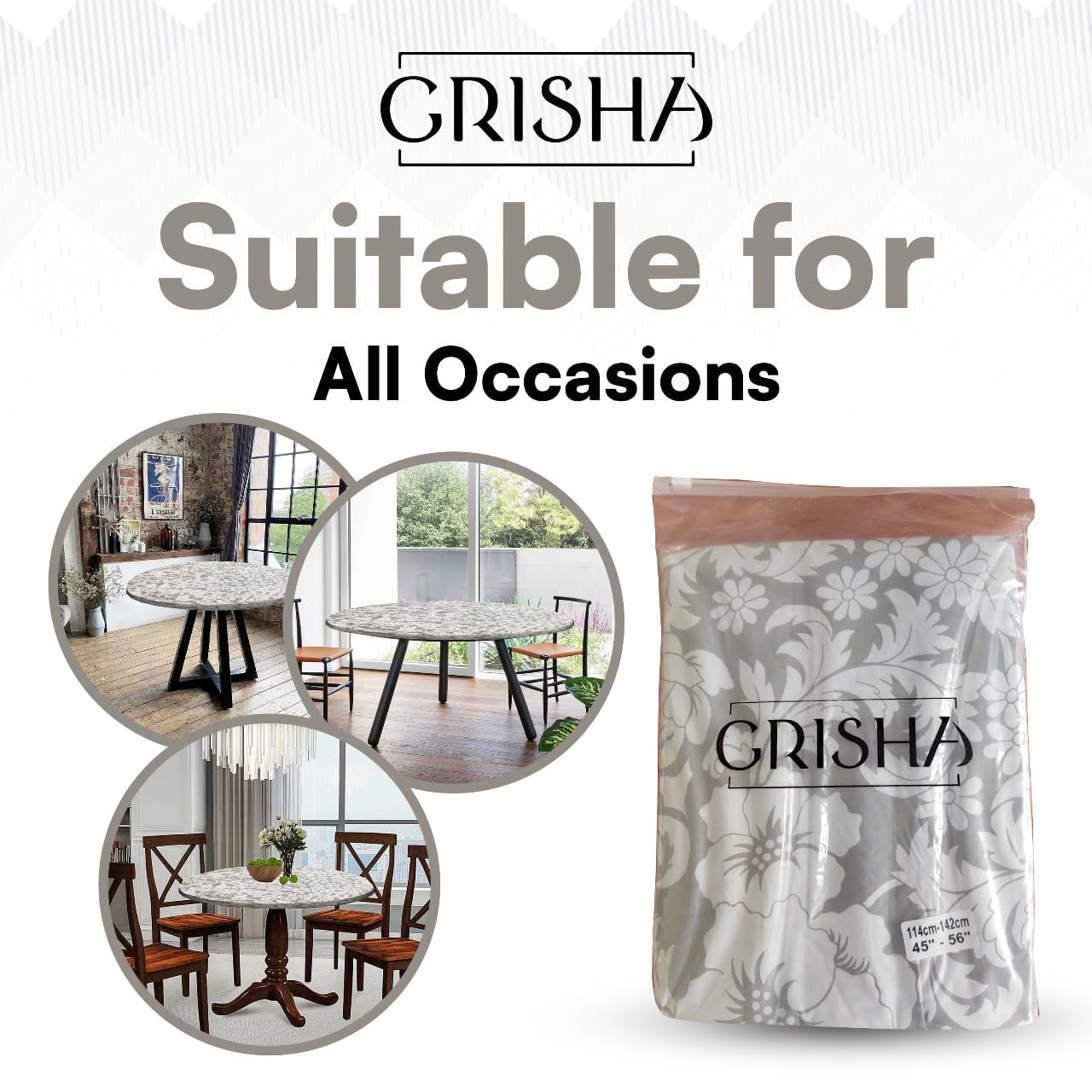 GRISHA Waterproof Round Tablecloth,Elastic Edged Fitted,Oilcloth,PVC,Wipeable,Outdoor circular plastic cover. (Grey Flowers, 95x112cm) - Image 4