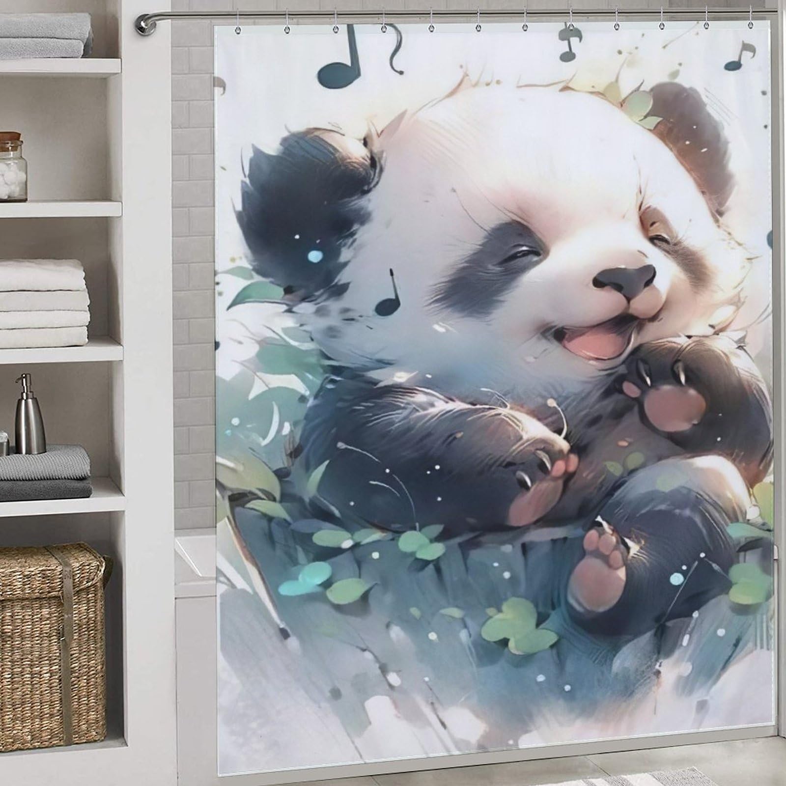 Rideau de douche panda imperméable et lavable avec 12 crochets