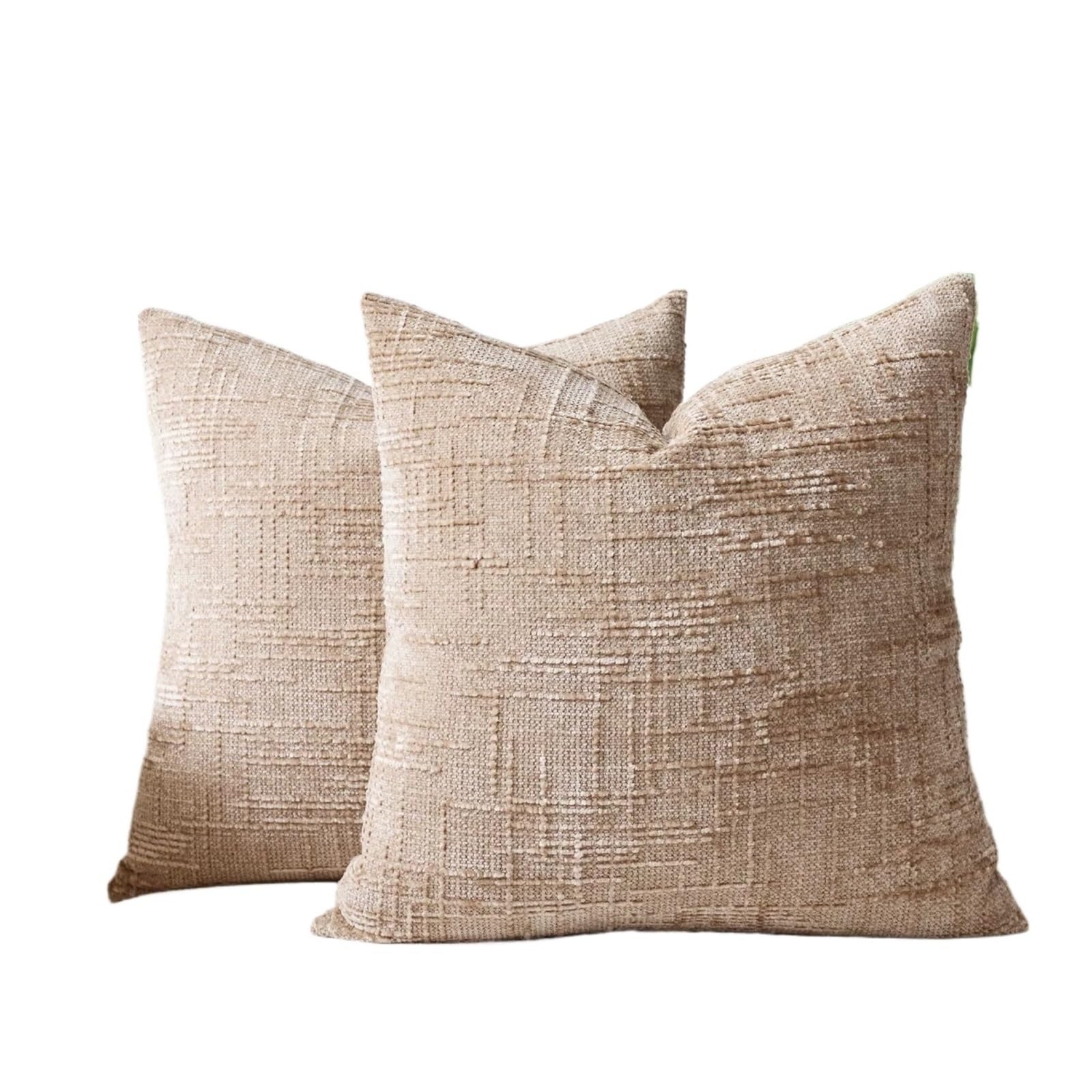 FGUJSUR Cushion Covers Set of 2 Decorative Linen Check Throw Pillow Covers Neutral Farmhouse Vintage Cushion Modern Boho(Camel,450x450mm)