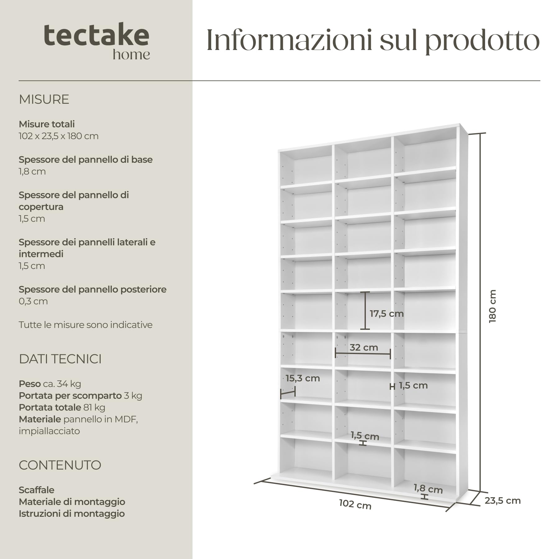 tectake® Scaffale Porta CD DVD Archiviazione 1080 CD, Supporto di Archiviazione, 27 Piani, Facile da Montare, Materiale MDF con Rivestimento Plastico, Dimensioni 180x102x23,5 cm, Peso 34 kg - Bianco