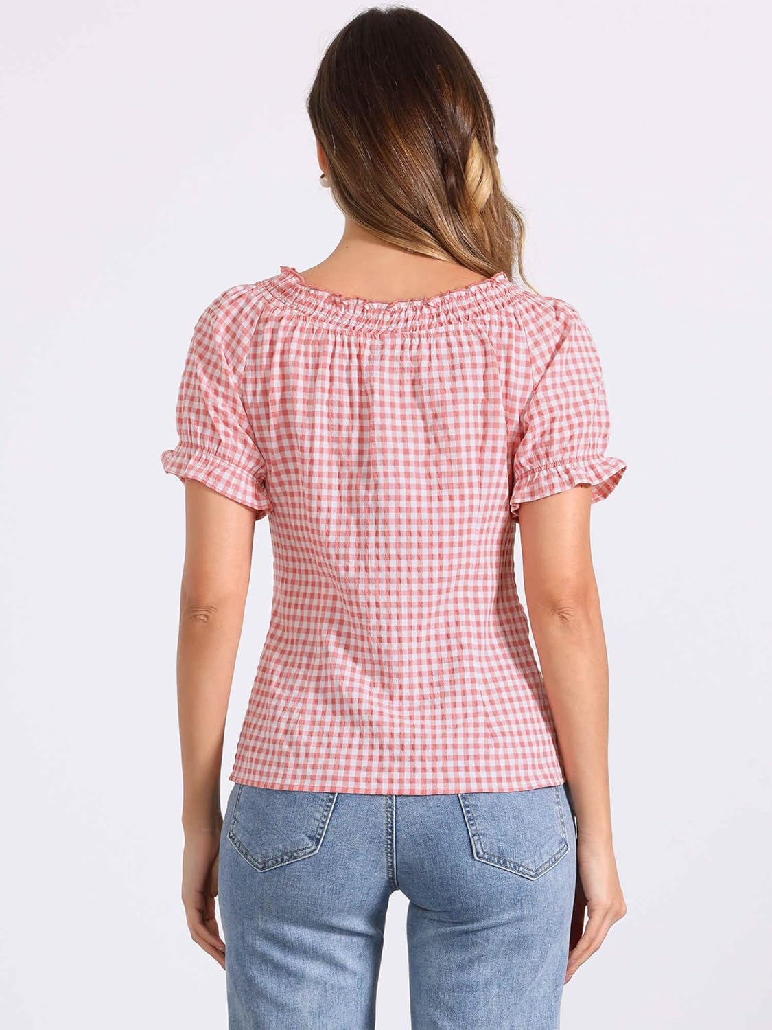 Allegra K Summer Gingham Tops for Women's Plaid Peasant Round Neck Ruffles Cute Puff Sleeve Tops - Image 2