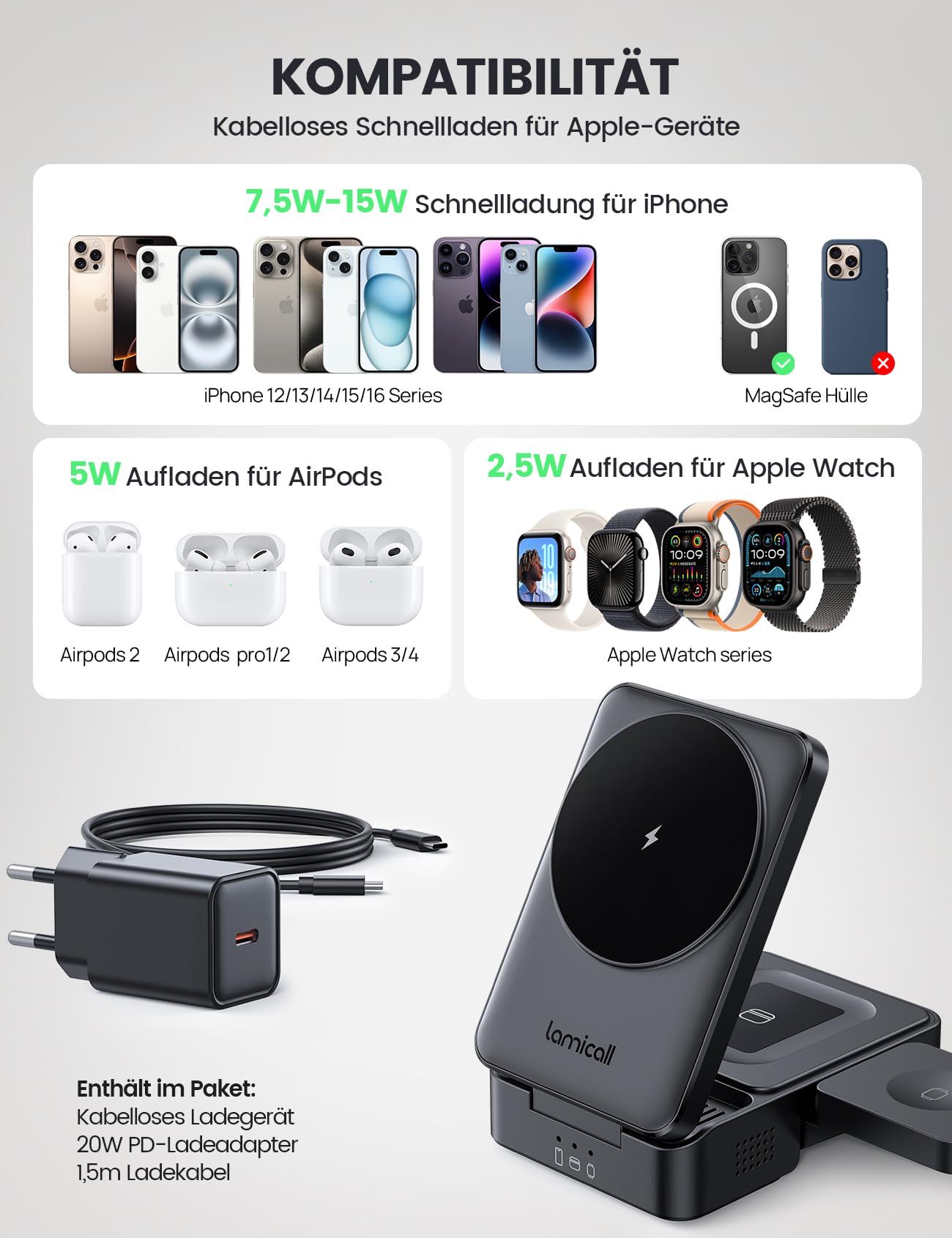 Lamicall 3 IN 1 Ladestation für MagSafe Ladegerät - [Faltbar & Tragbar] Kabellose induktive Ladestation Apple Watch und iPhone, Reisen Wireless Charger für iPhone 17/16/15/14 Pro Max Plus Air, AirPods