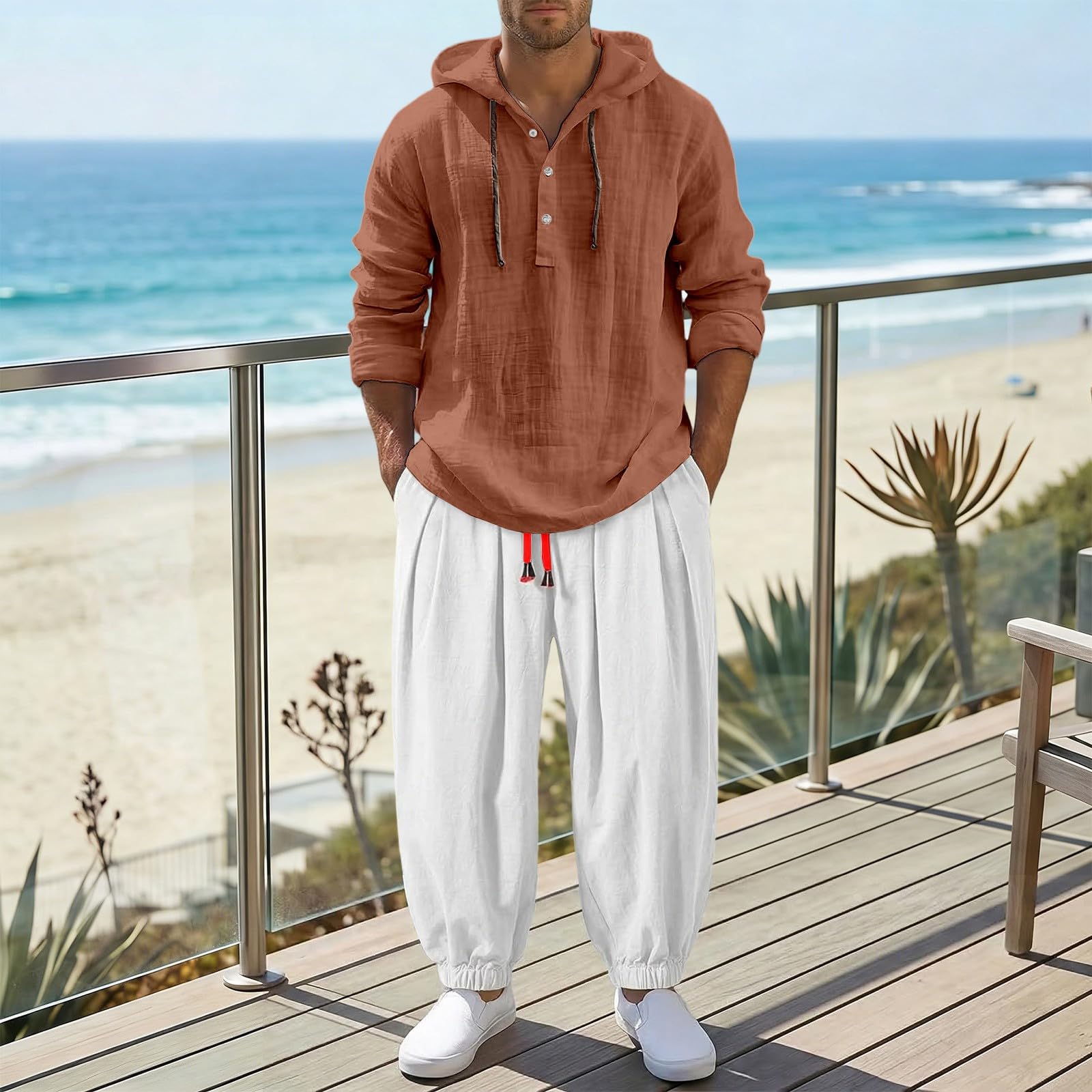 Generisch Camisa de lino para hombre de manga larga y lino, camiseta de verano, manga larga, muselina, camisa con capucha, camisas transpirables, no necesita planchado, de algodón, camisas de lino
