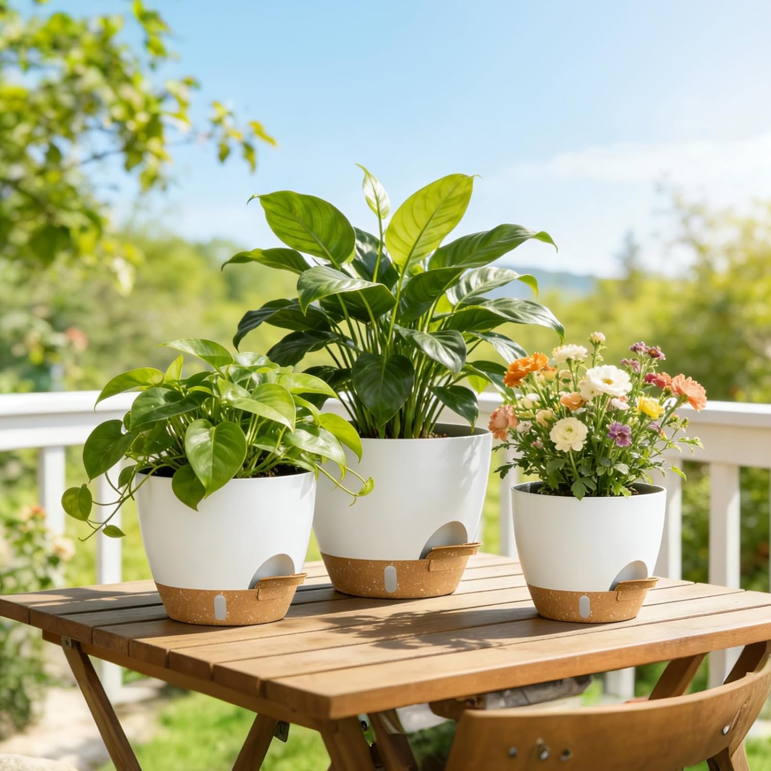 Plant Pots, 4 Pack 12/10/9/8 Inch Self Watering Pots with Drainage Holes, Water Level Indicator Deep Reservoir, Large Planters for Indoor Outdoor Plants - White Brown