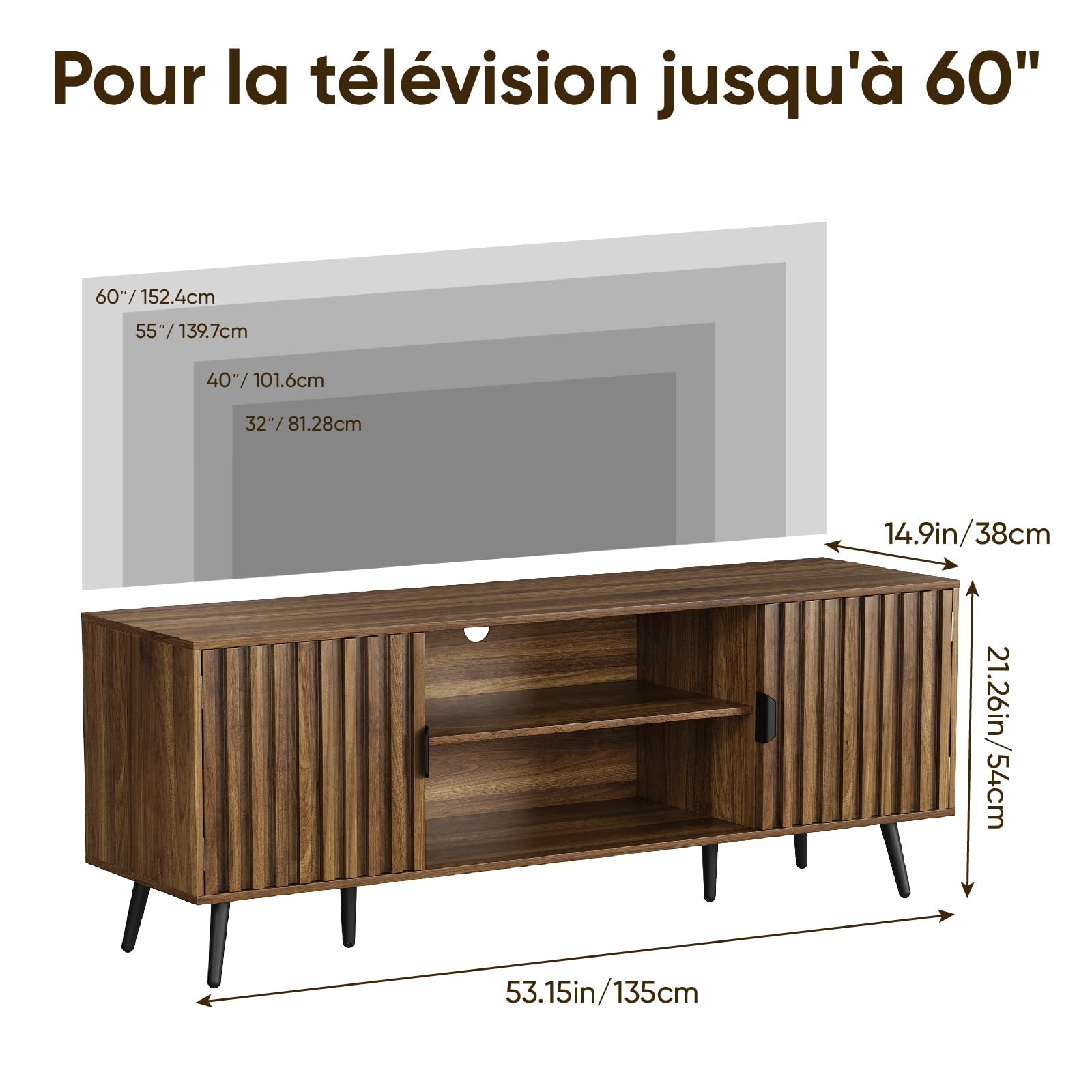 Smart FENDEE Meuble TV 135 cm pour écrans jusqu'à 152 cm (60 Pouces), Meuble Bas avec rangements et étagères réglables, Console médiatique Style Fermier/Campagne, Couleur Noyer pour Salon