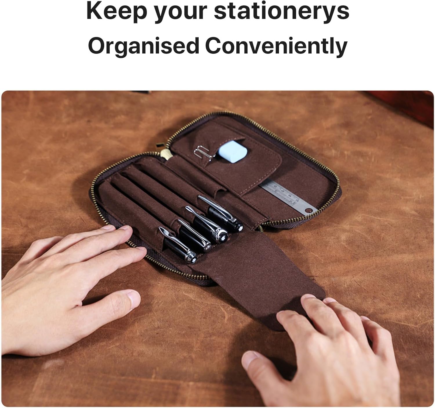 CONTACTS Full Grain Crazy Horse Leather Pencil Case Handmade Vintage Zipper Pen Holder Pouch with Card Slot Pens Organizer Pockets Stationery Bag for Men