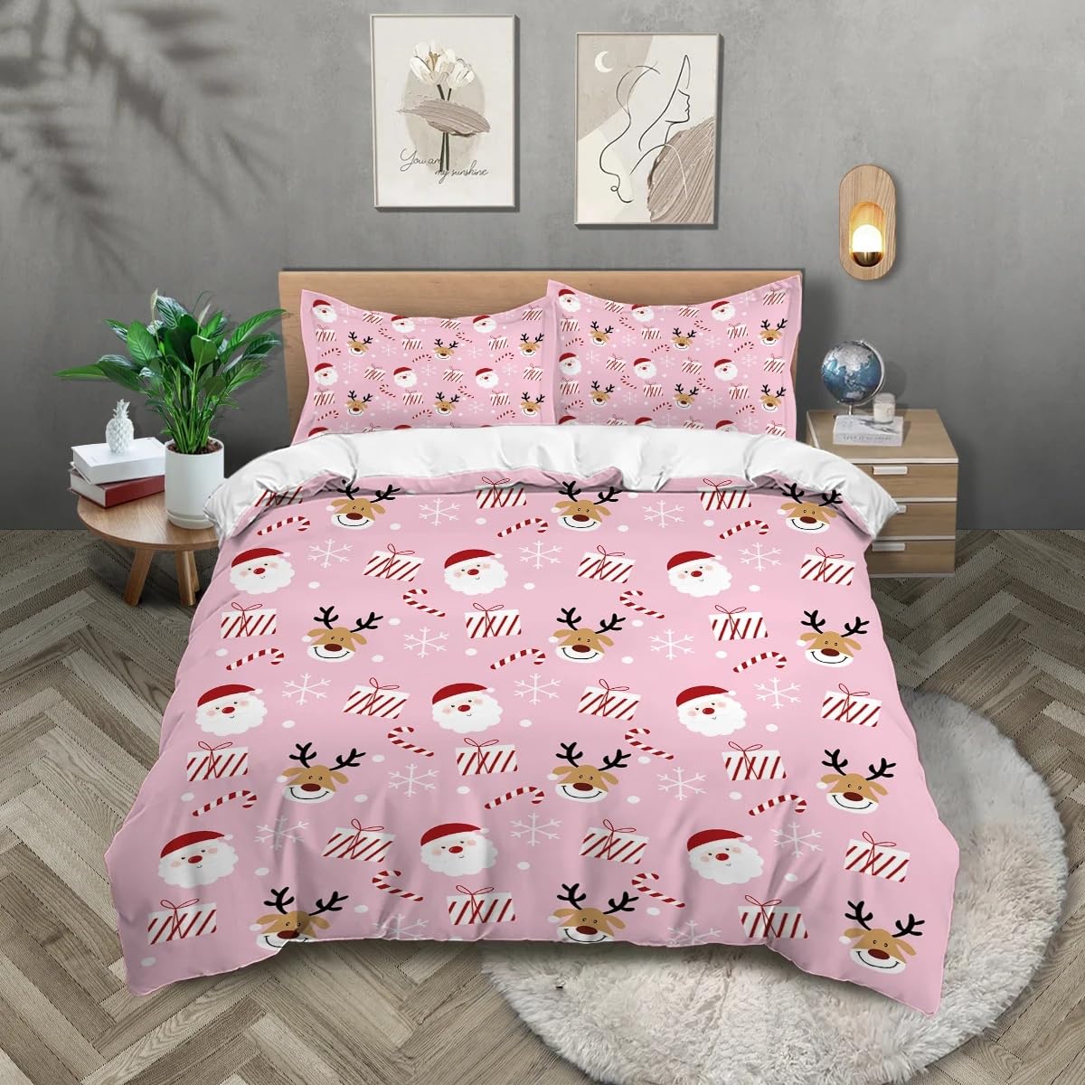 Housse de couette de Noël rose fille 260x240 cm, le cadeau parfait pour chambre d'enfant