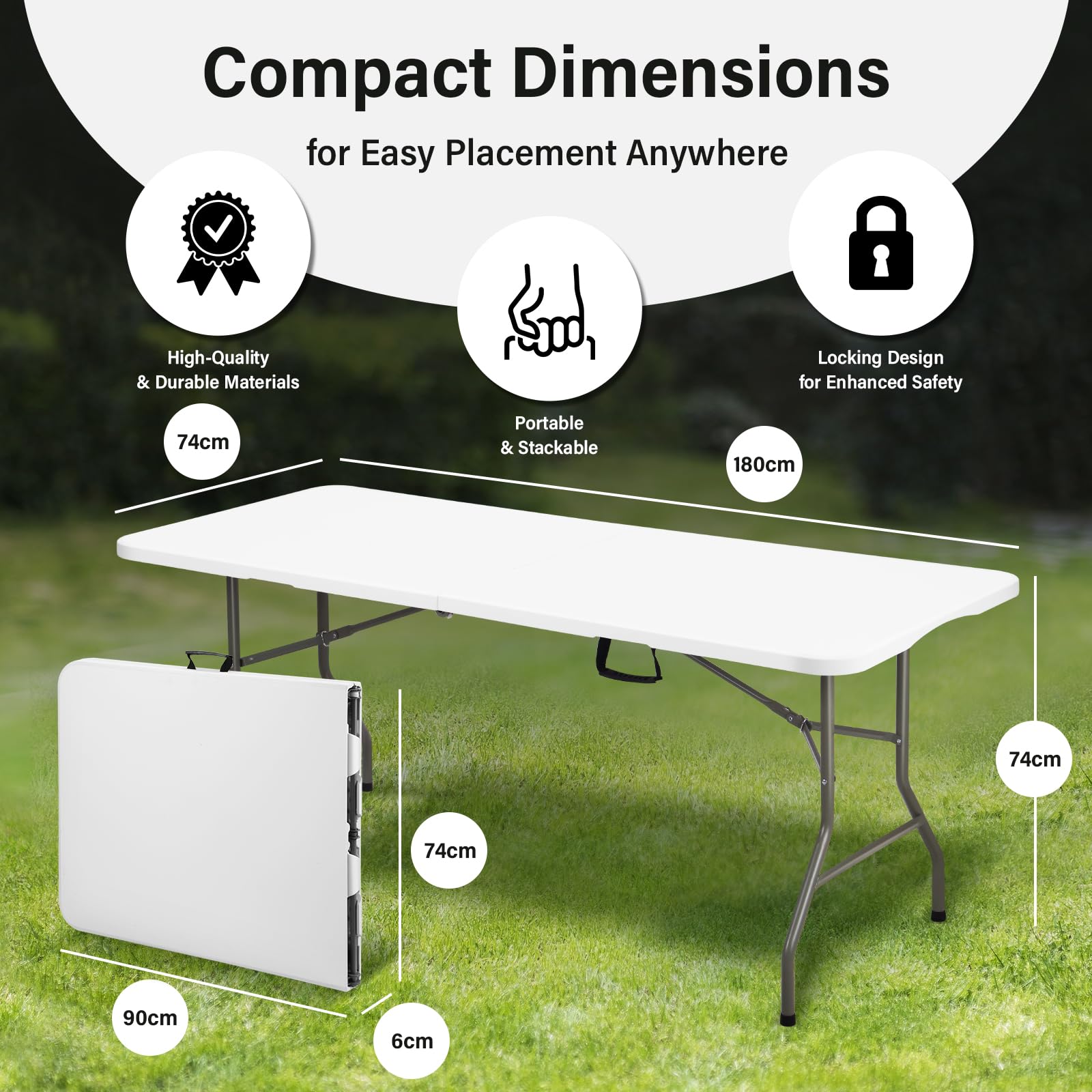 Table Pliante Rectangulaire Extérieur 180x70x74 Cm - Pour 6-8 Personnes, Portable, Idéale Camping Et Pique-nique
