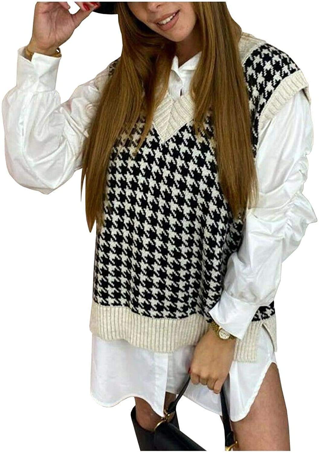 GirlzWalk New Women's Dogtooth V Neck Knitted Vest Ladies Sleeveless Jumper Sweater Tank Top (Stone, Medium)