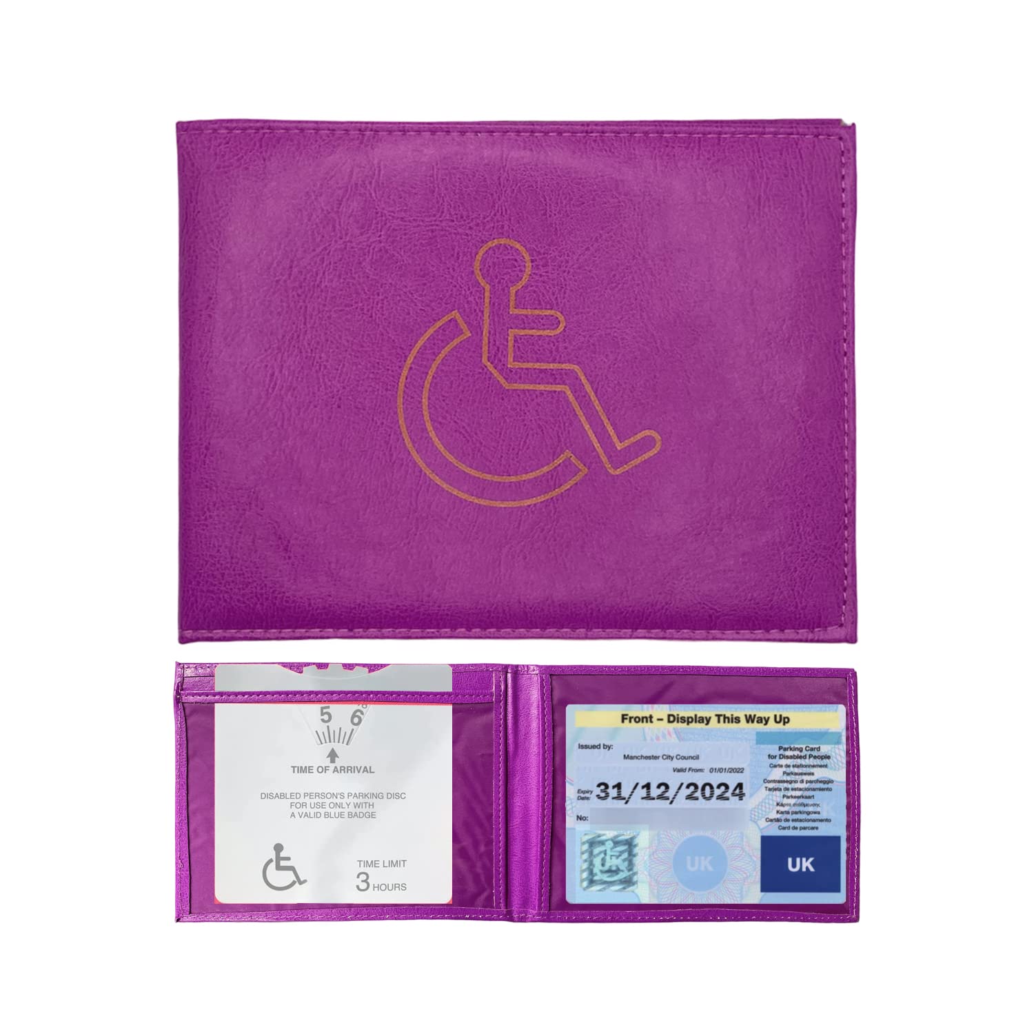 Woodland Leather Disabled Badge and Timer Holder, PU Leather Blue Badge Holder Wallet Protector for Car Hologram Safe (Purple), (1495)