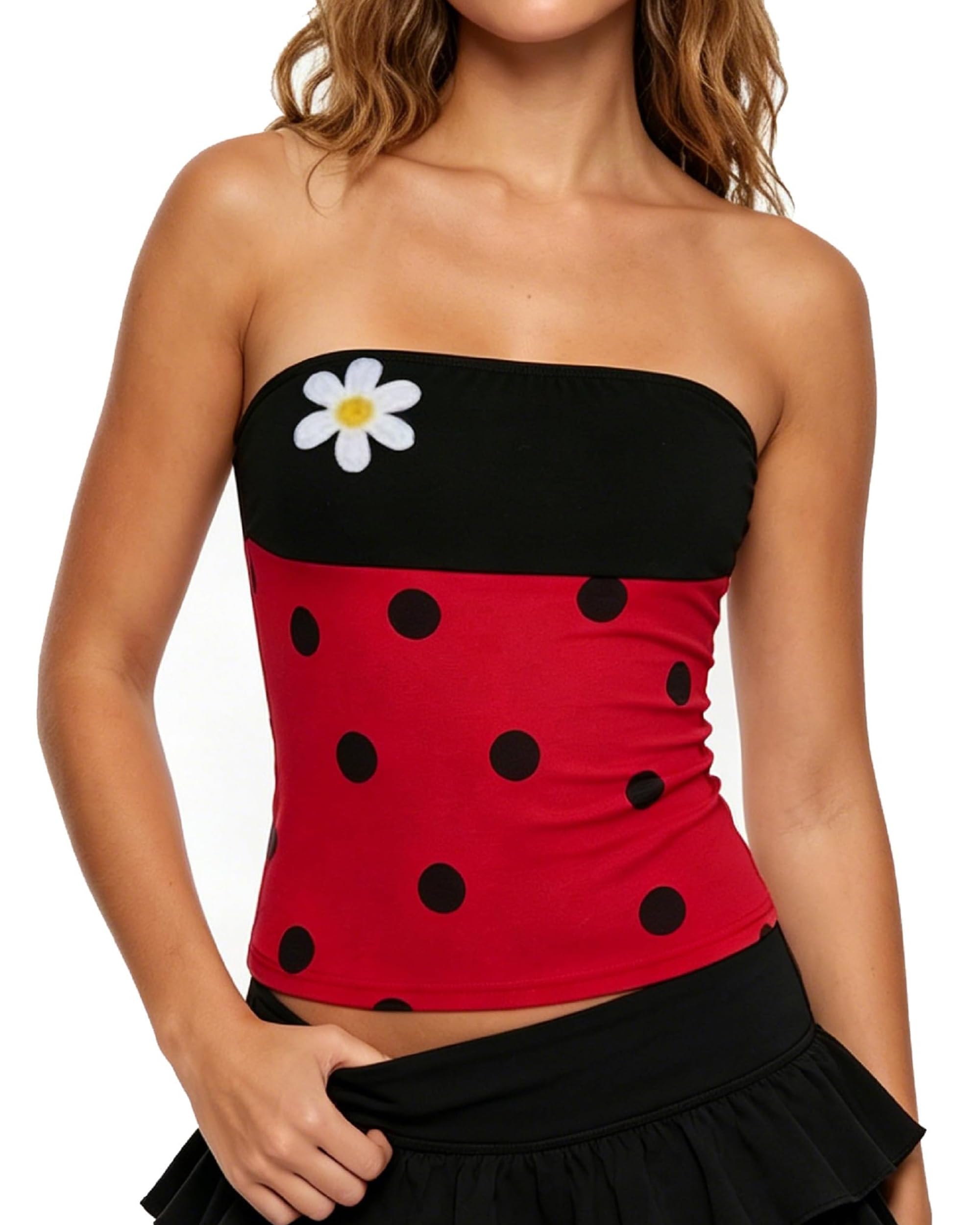 Qianderer Women Y2k Strapless Tube Top Ladybug Bee Halloween Costume Going Out Tops (Ba Red, S)
