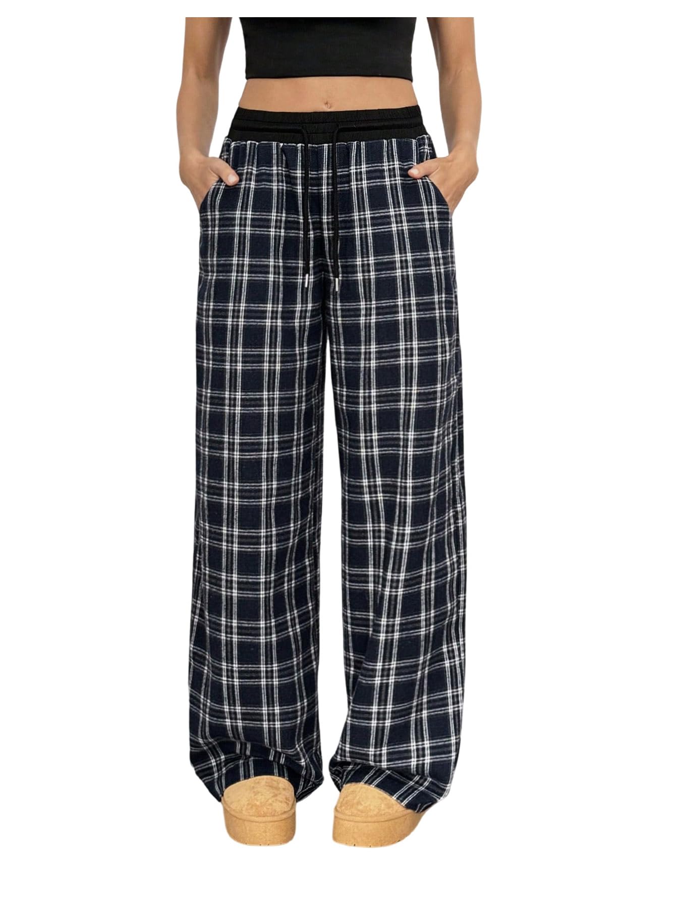 SHENHE Womens Plaid Pants Wide Leg Drawstring Y2k Loose Lounge Casual Travel Pants Trousers