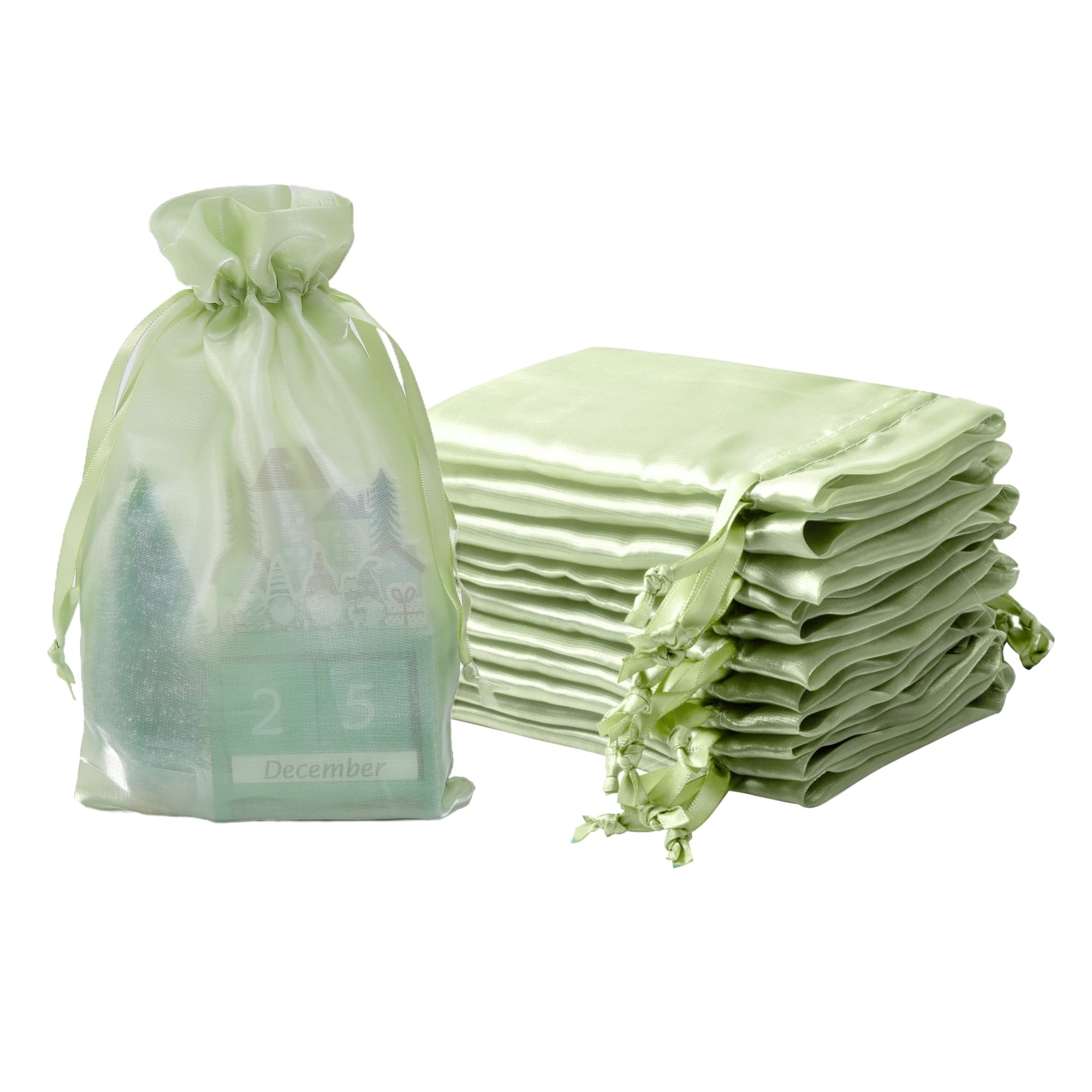 QIANF 20 Pcs Light Green Organza Bags 6X9 inch for Wedding Favors with Drawstring, Mesh Gift Bags Jewelry Pouch for Candy Bridal Shower Party Favor Baby Shower Christmas