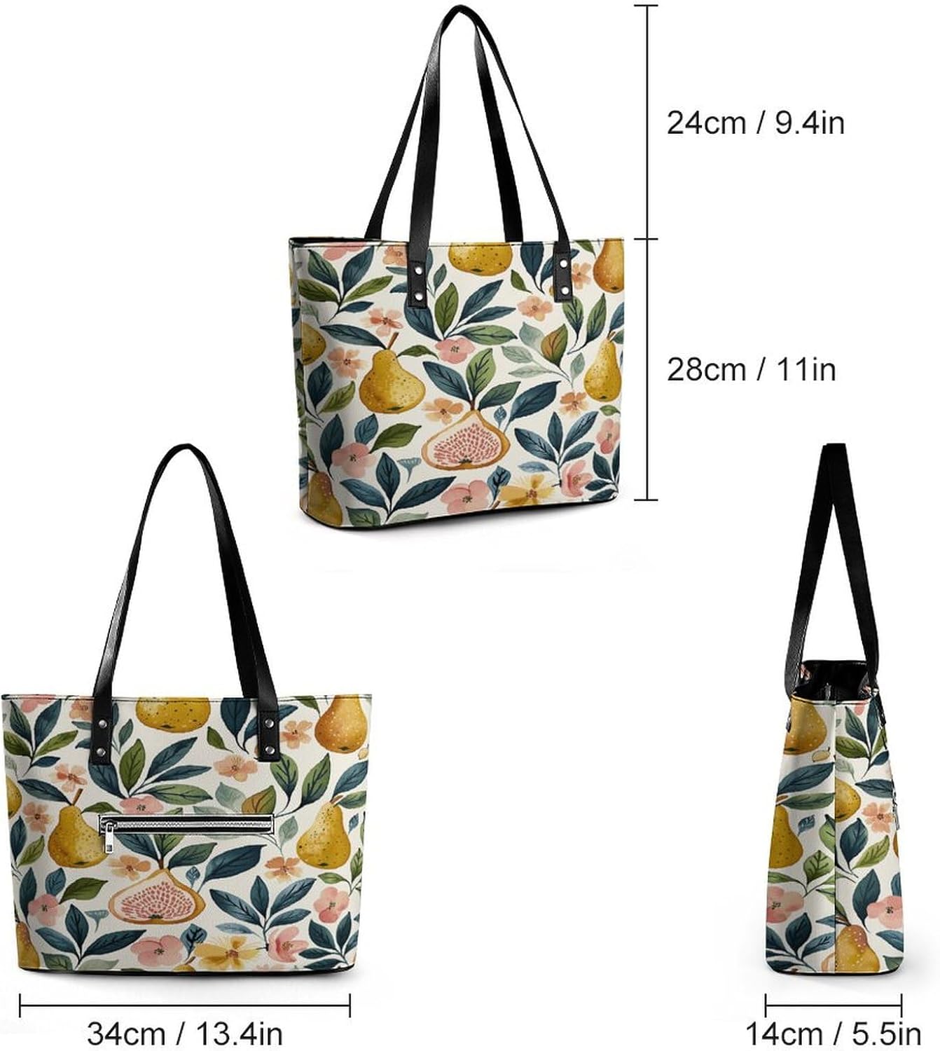 Figs And Pears Tote Bag Large Soft Leather Purse with Zipper Lightweight Ladies Shoulder Handbag