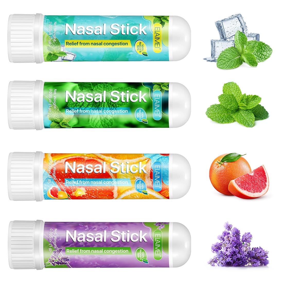 NHQZ 4 Pack Nasal Stick, Inalatore Nasale, Rapido Sollievo dal Naso Chiuso, Migliora la Respirazione e Aumenta la Concentrazione, Realizzato con Oli Essenziali e Mentolo