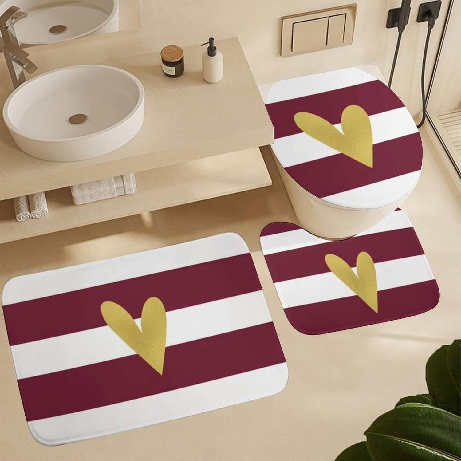 Bathroom Rugs Set 3 Piece Gold Heart Burgundy Bath Rug Mat Set, Non Slip Absorbent Bathroom Decor Mat, Toilet Lid Cover & U Shaped Contour Rug